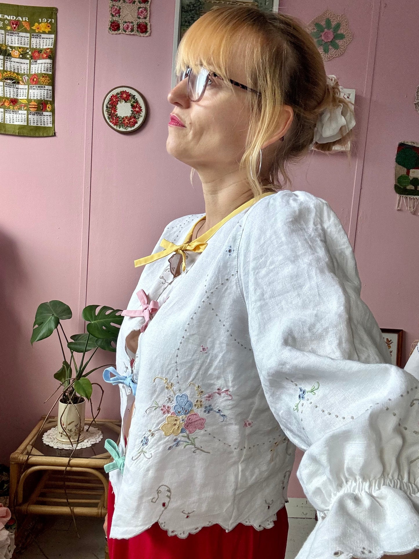 Light linen blouse with Madeira embroidery and rainbow bows