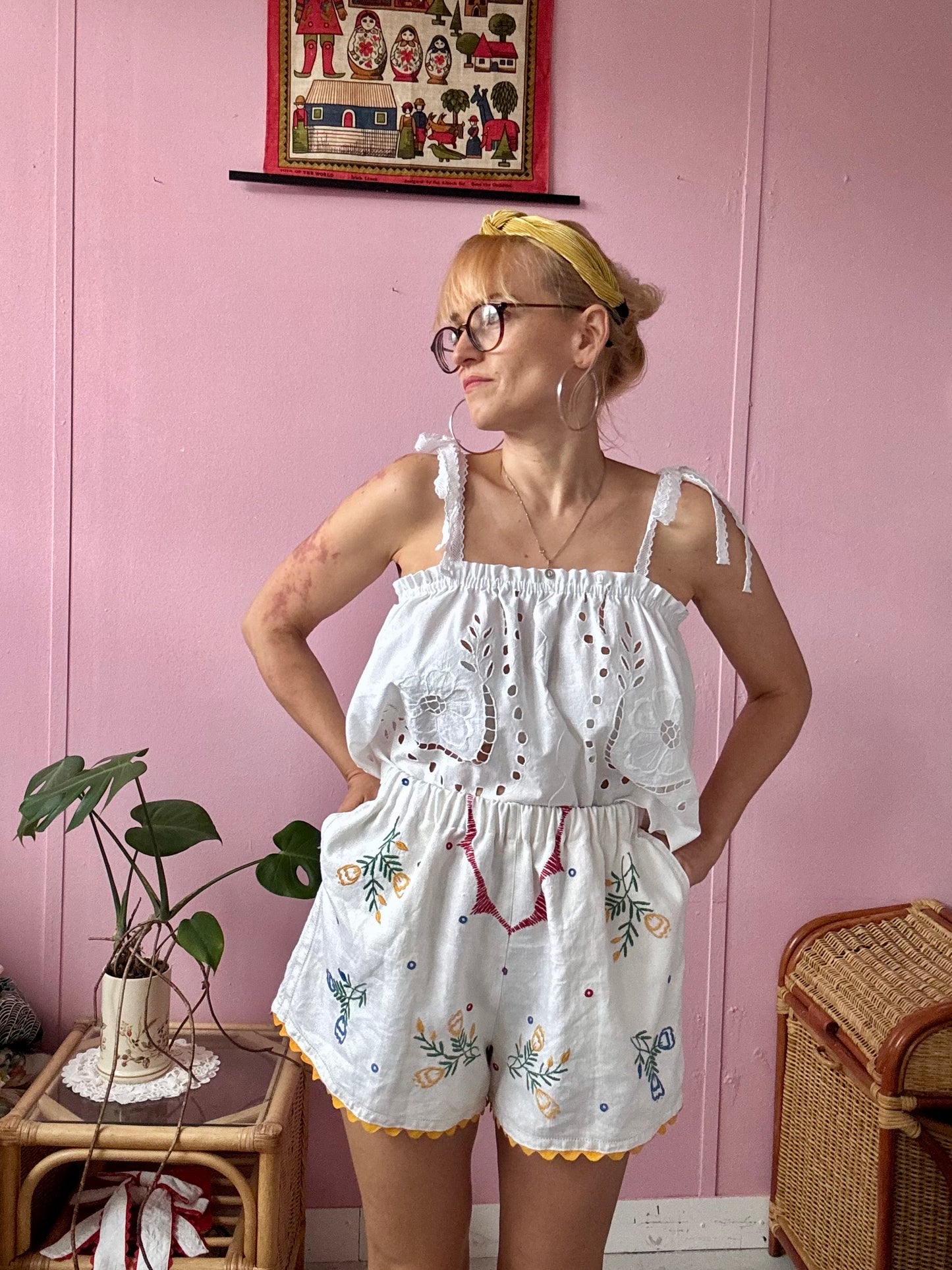 Linen floral shorts with yellow ric rac