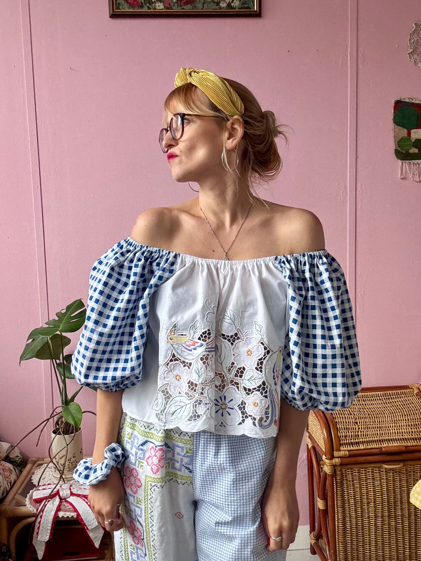 Blue gingham and birds/flowers top