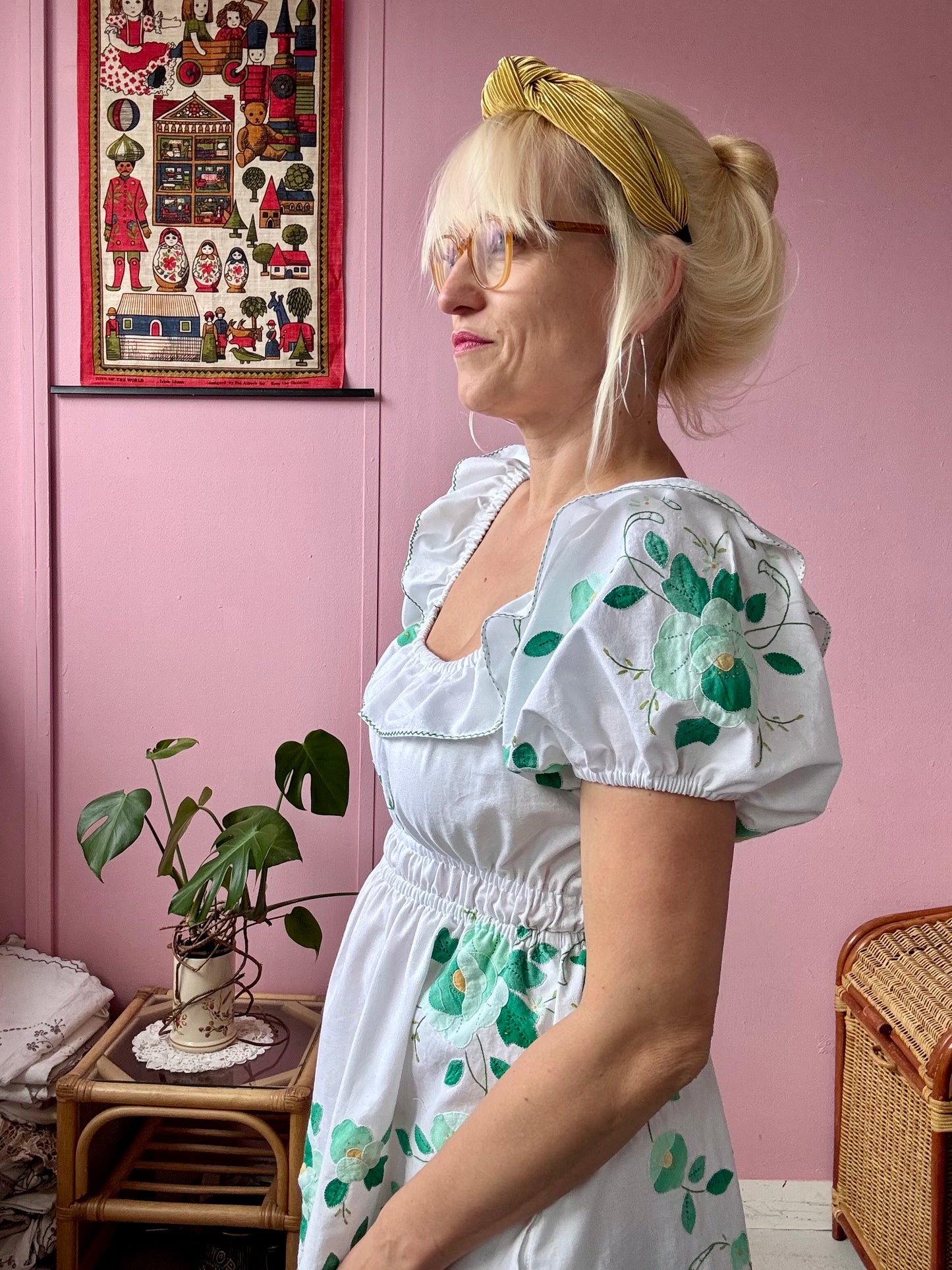White/green floral appliqués dress