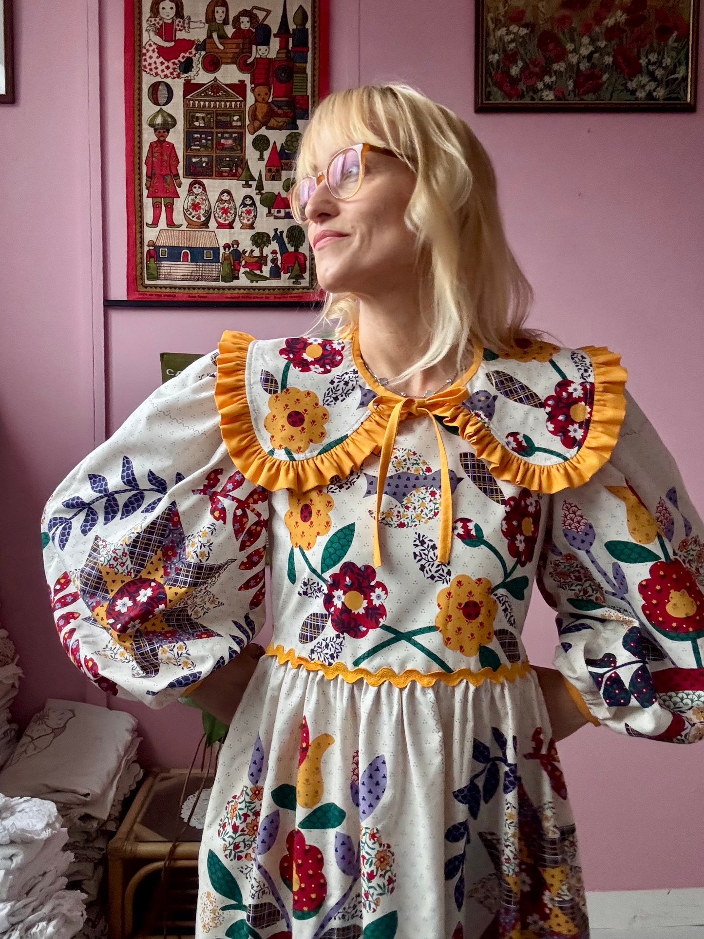 Floral dress with yellow ric rac and detachable collar