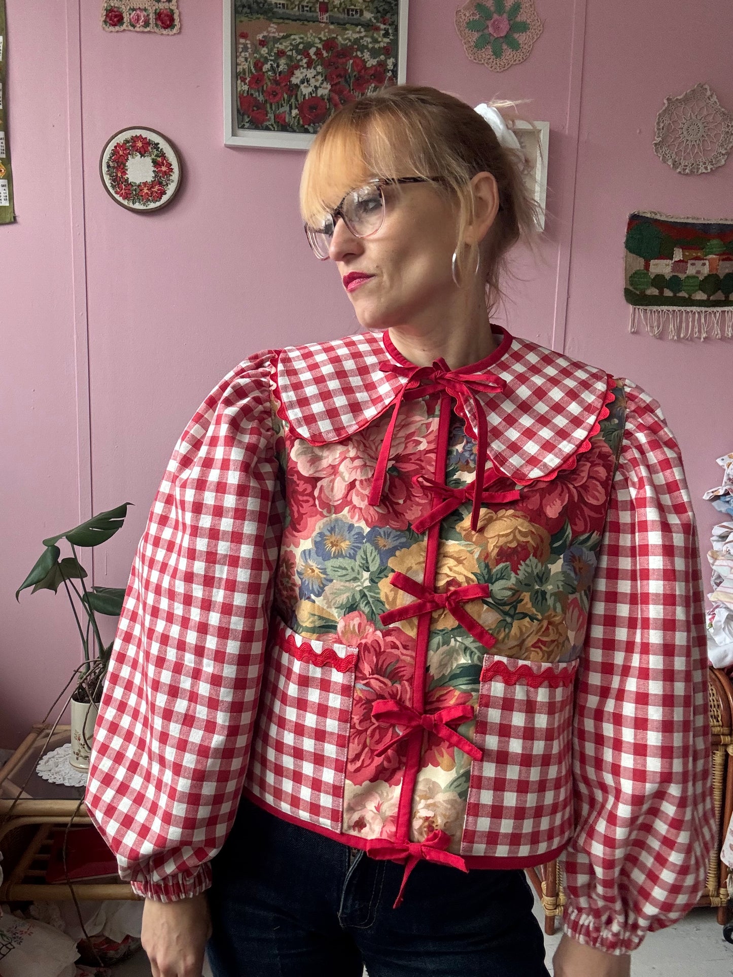 Floral and red gingham jacket