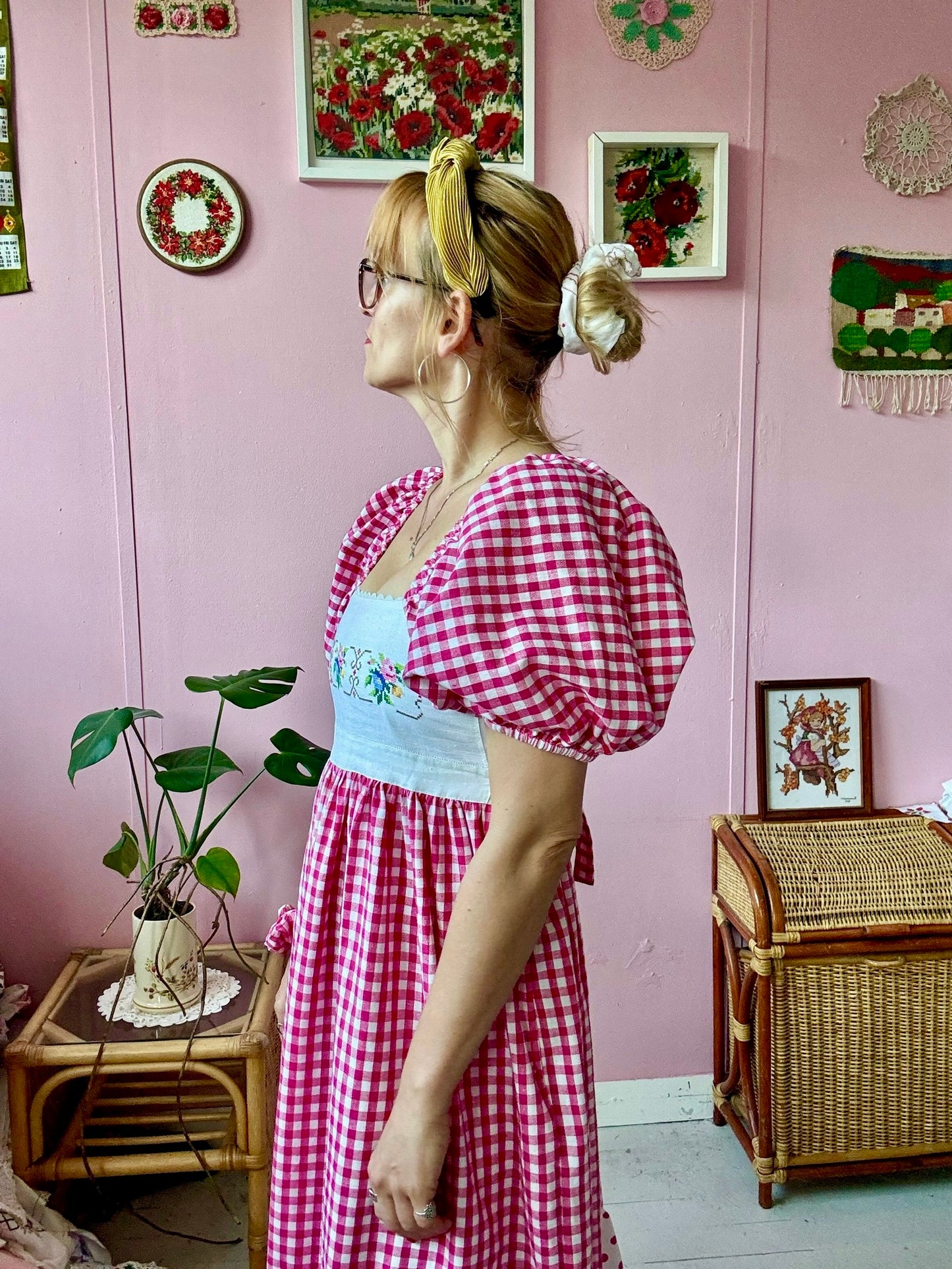 Pink gingham and embroidery dress