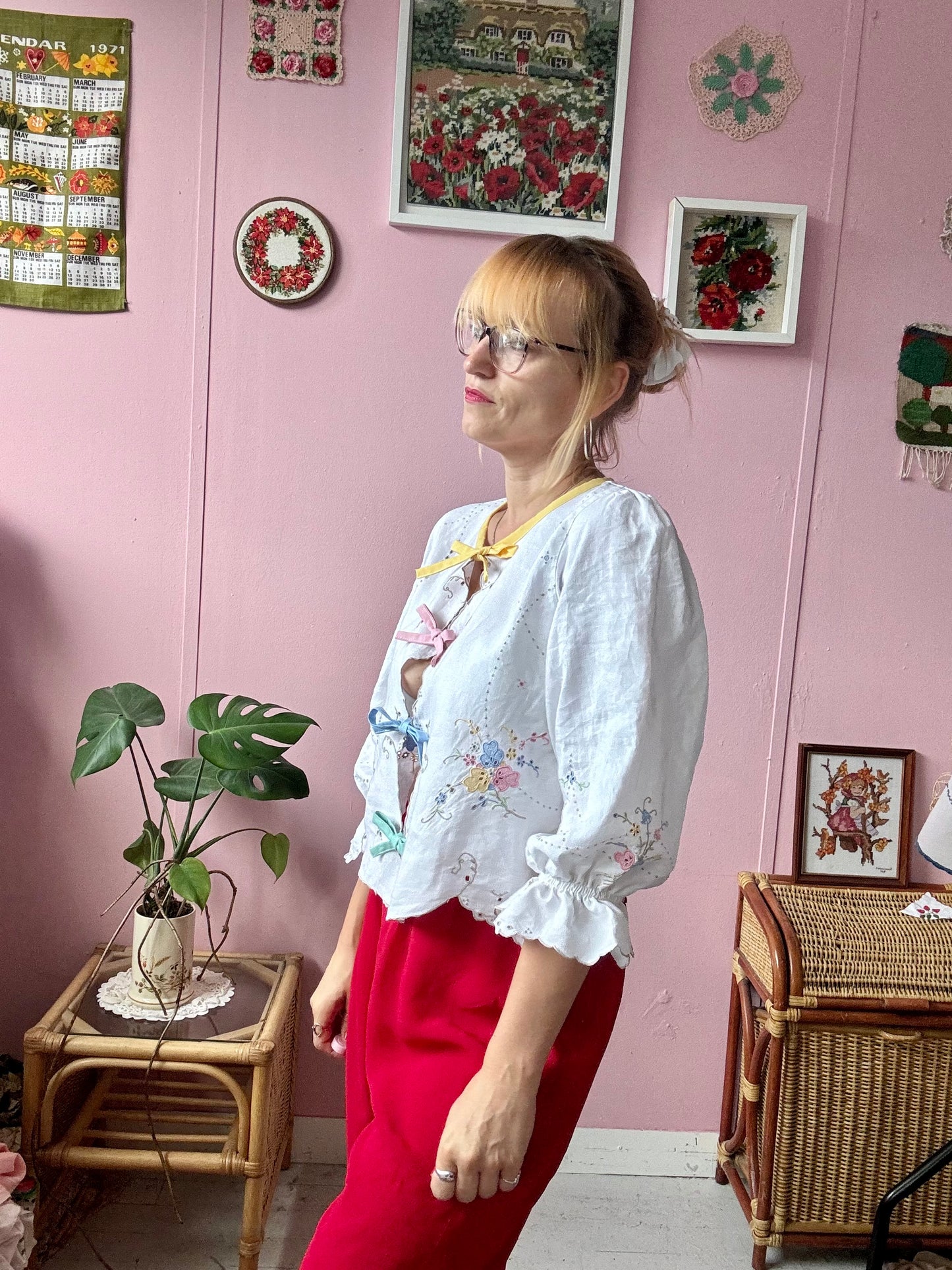 Light linen blouse with Madeira embroidery and rainbow bows