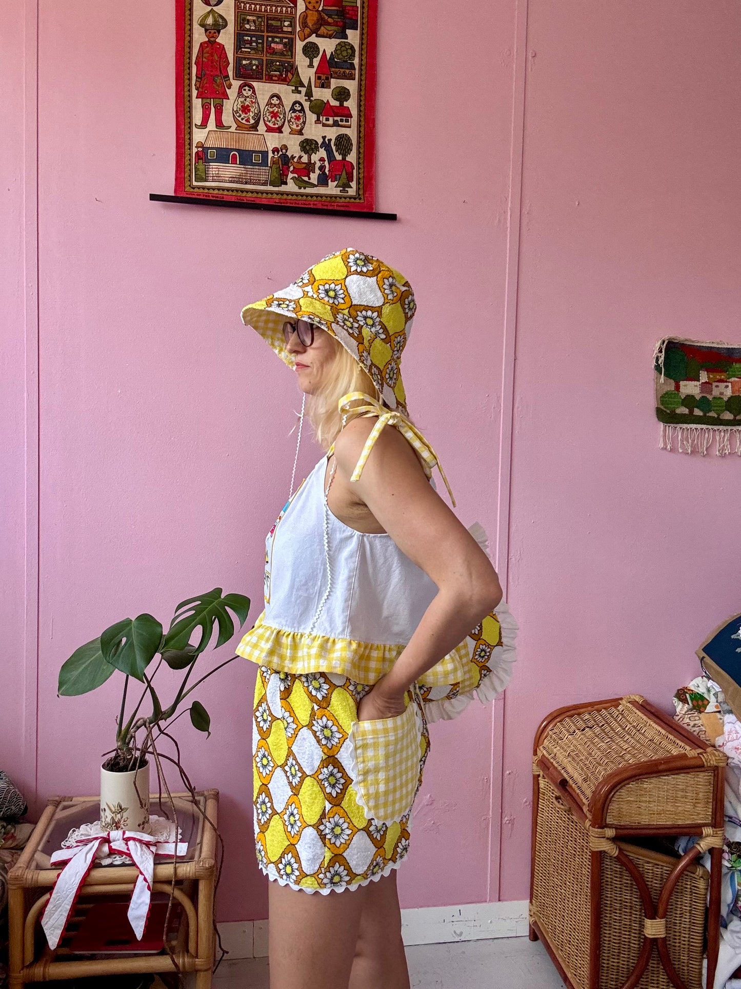 Yellow towel shorts set with bag and bucket hat