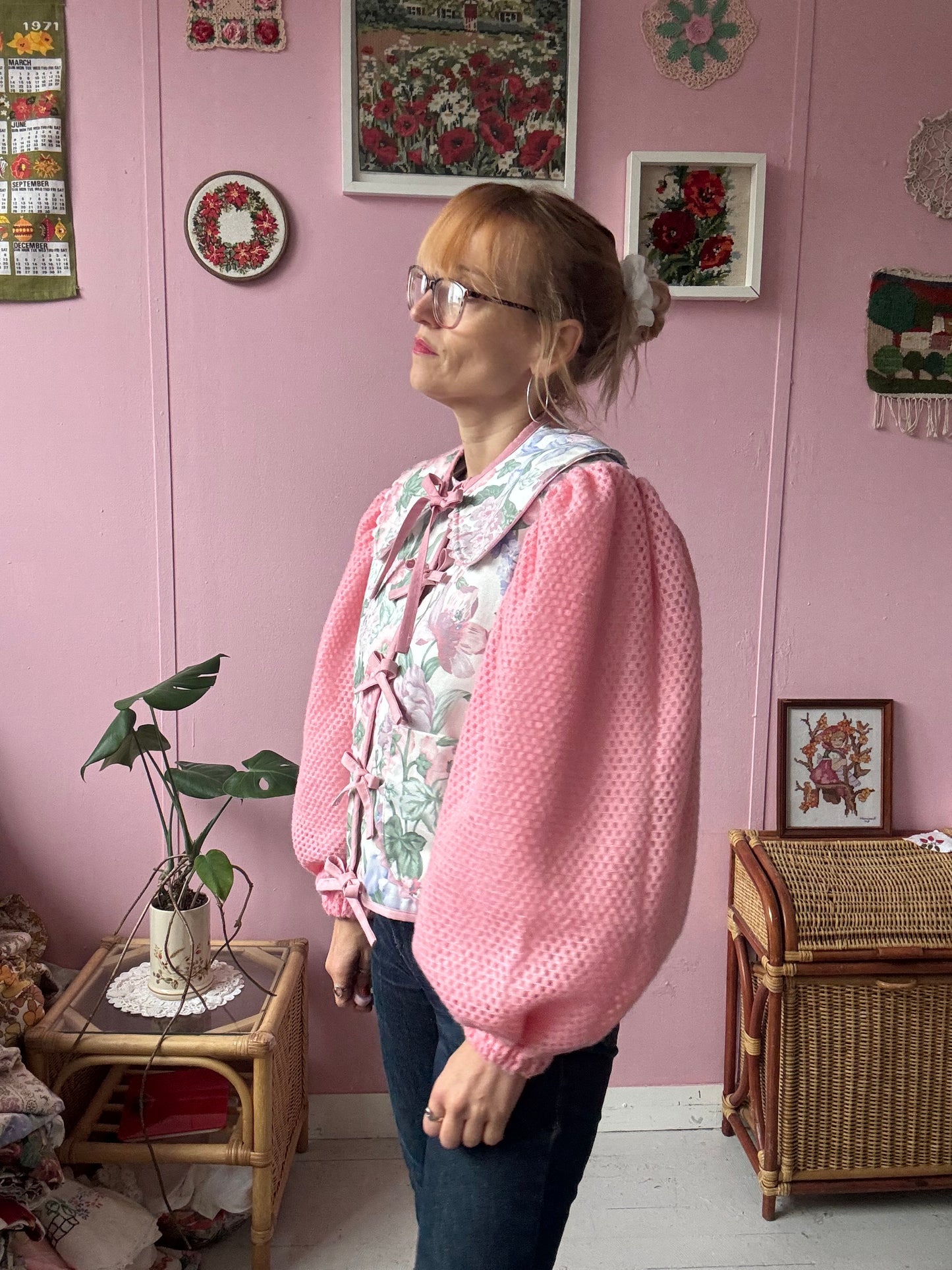 Floral jacket with pink sleeves