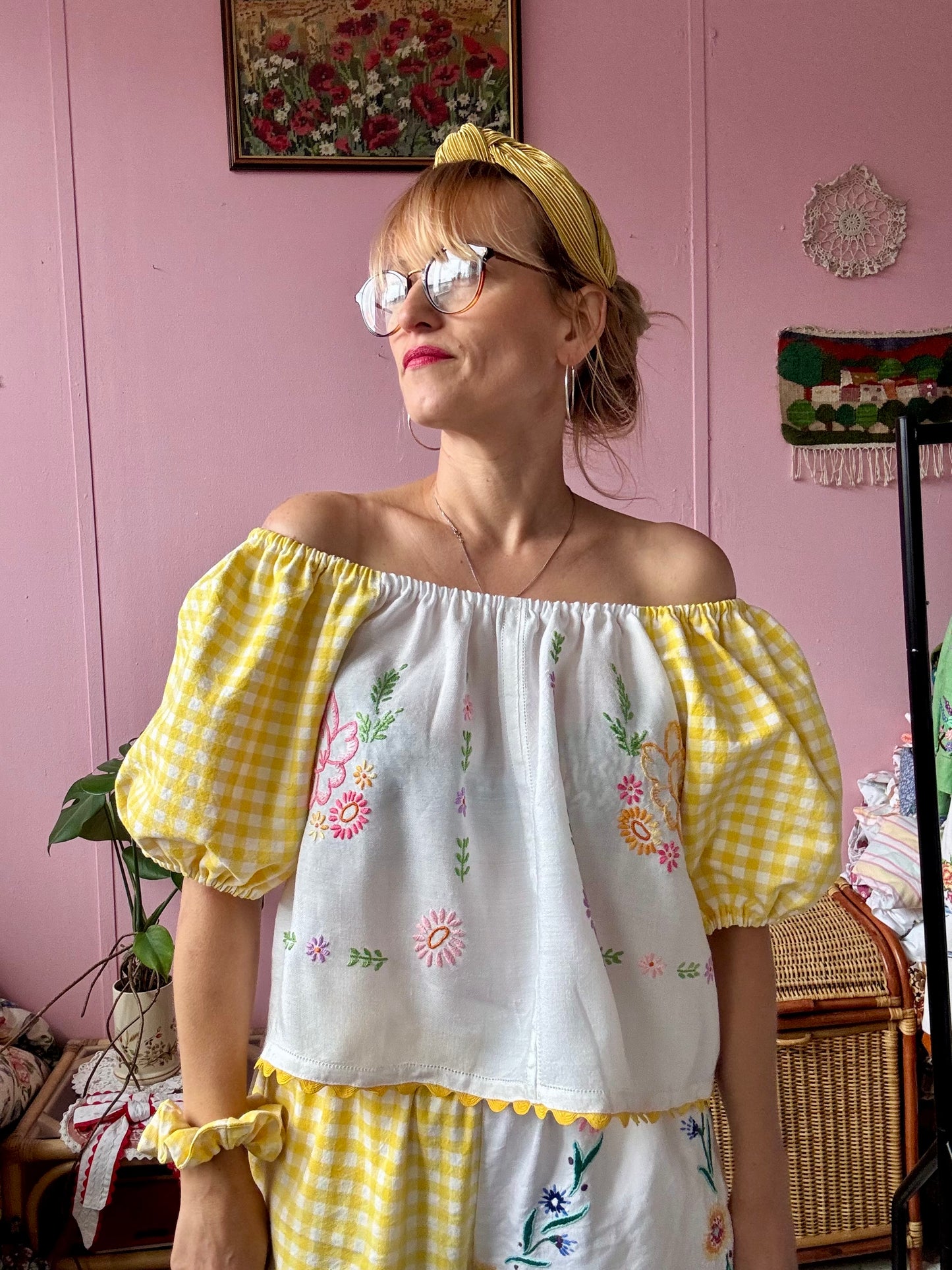 Yellow gingham and floral top