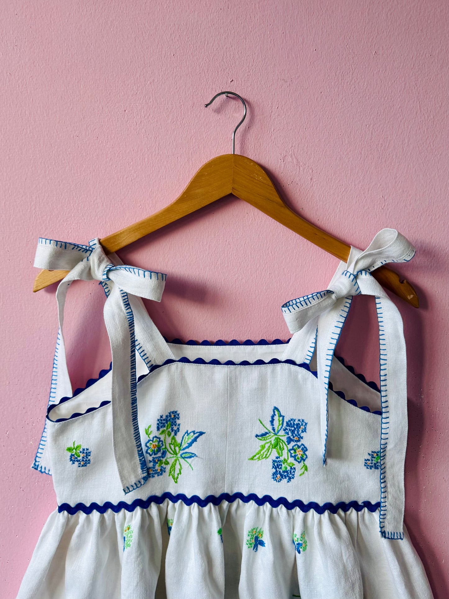 Linen  mini dress with blue floral embroidery