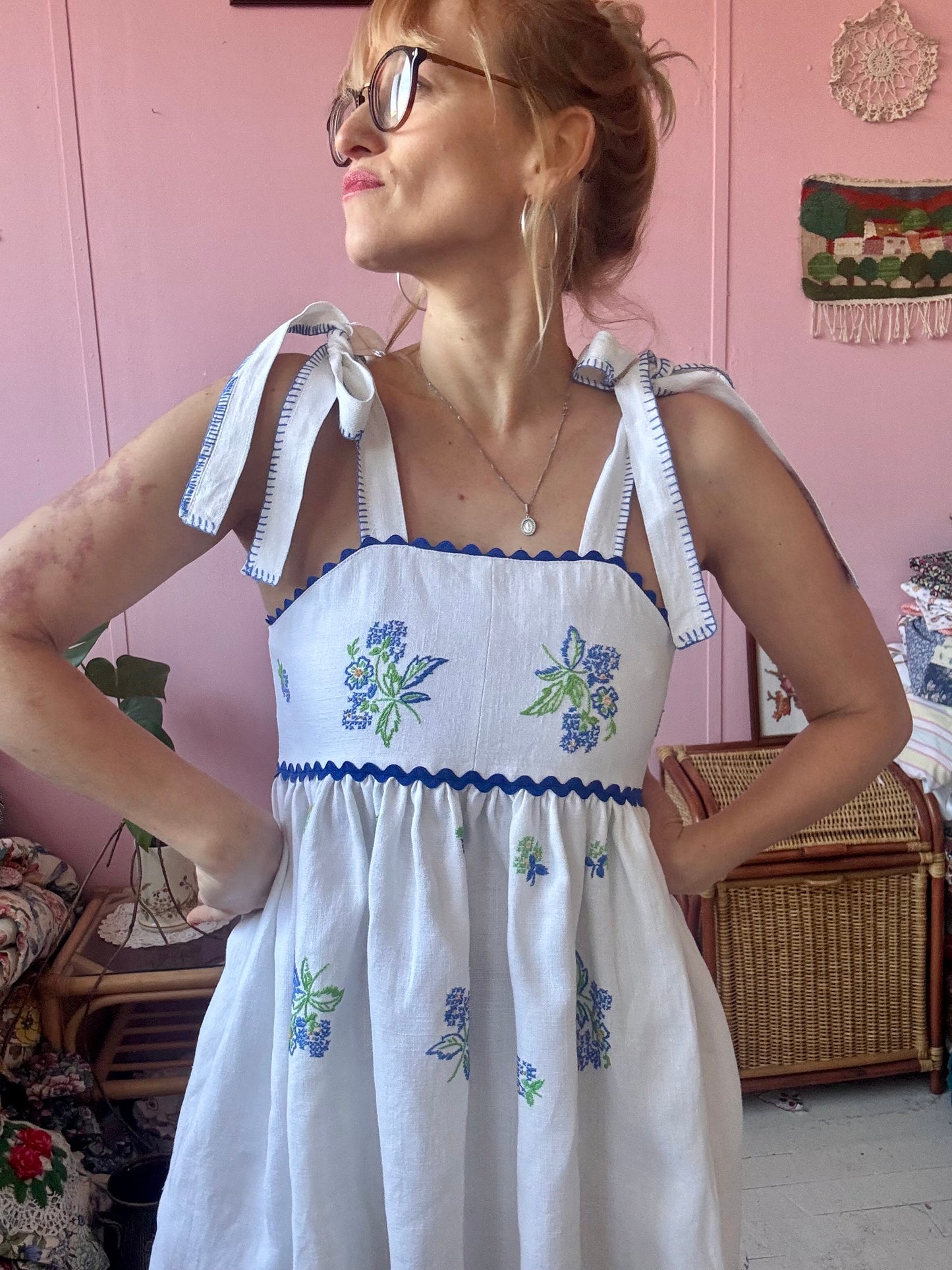 Linen  mini dress with blue floral embroidery
