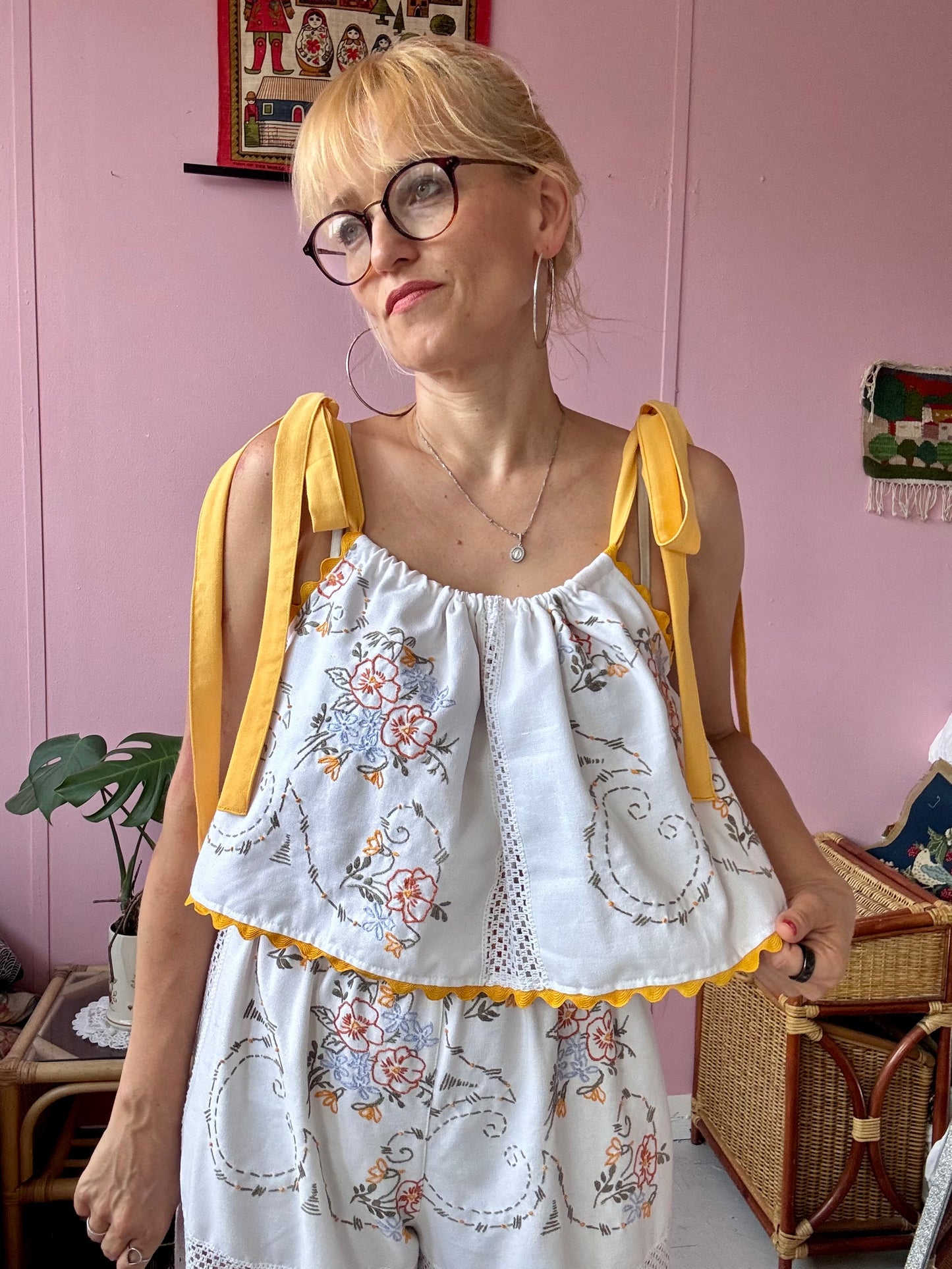 Trousers set with yellow straps and ric rac