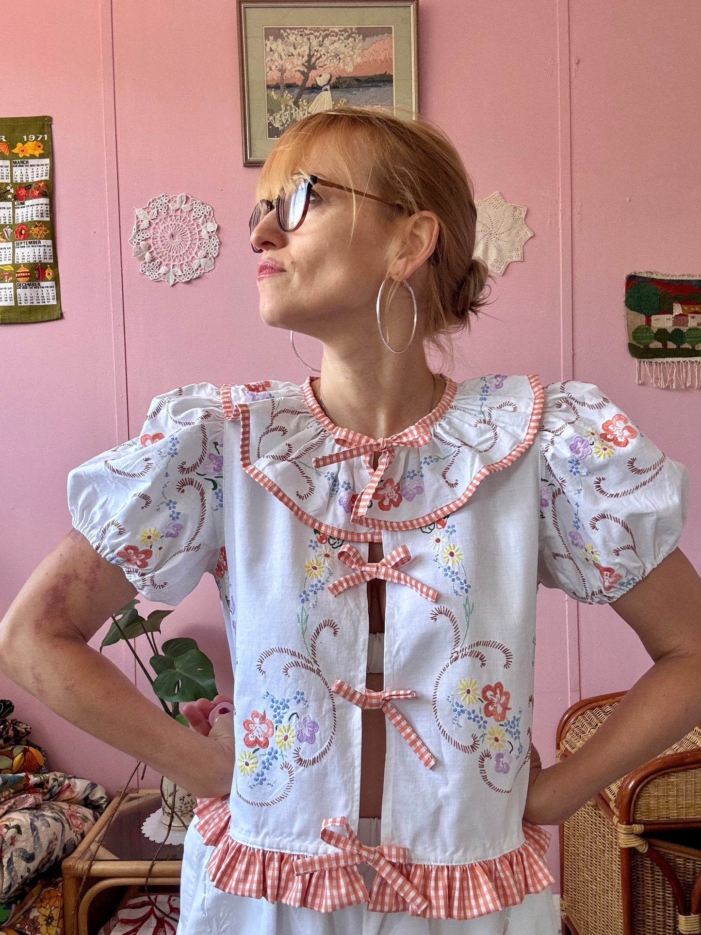 Floral blouse with orange gingham