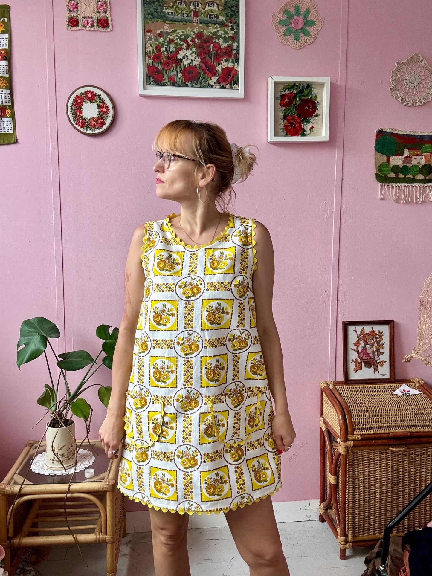 Yellow and brown mini dress with ric rac