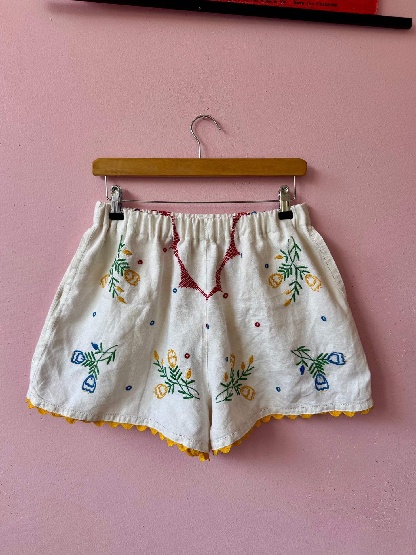 Linen floral shorts with yellow ric rac