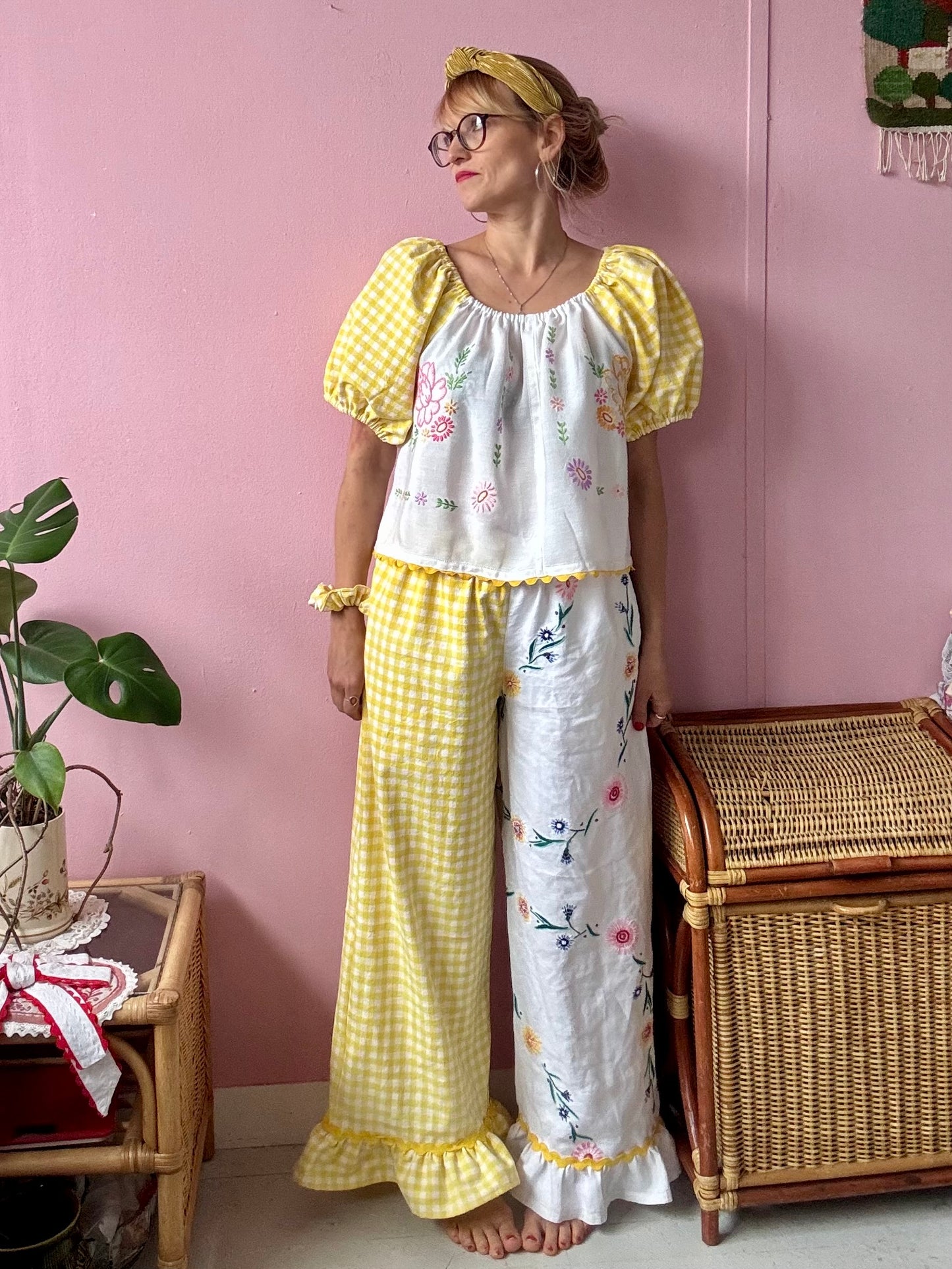 Yellow gingham and floral trousers