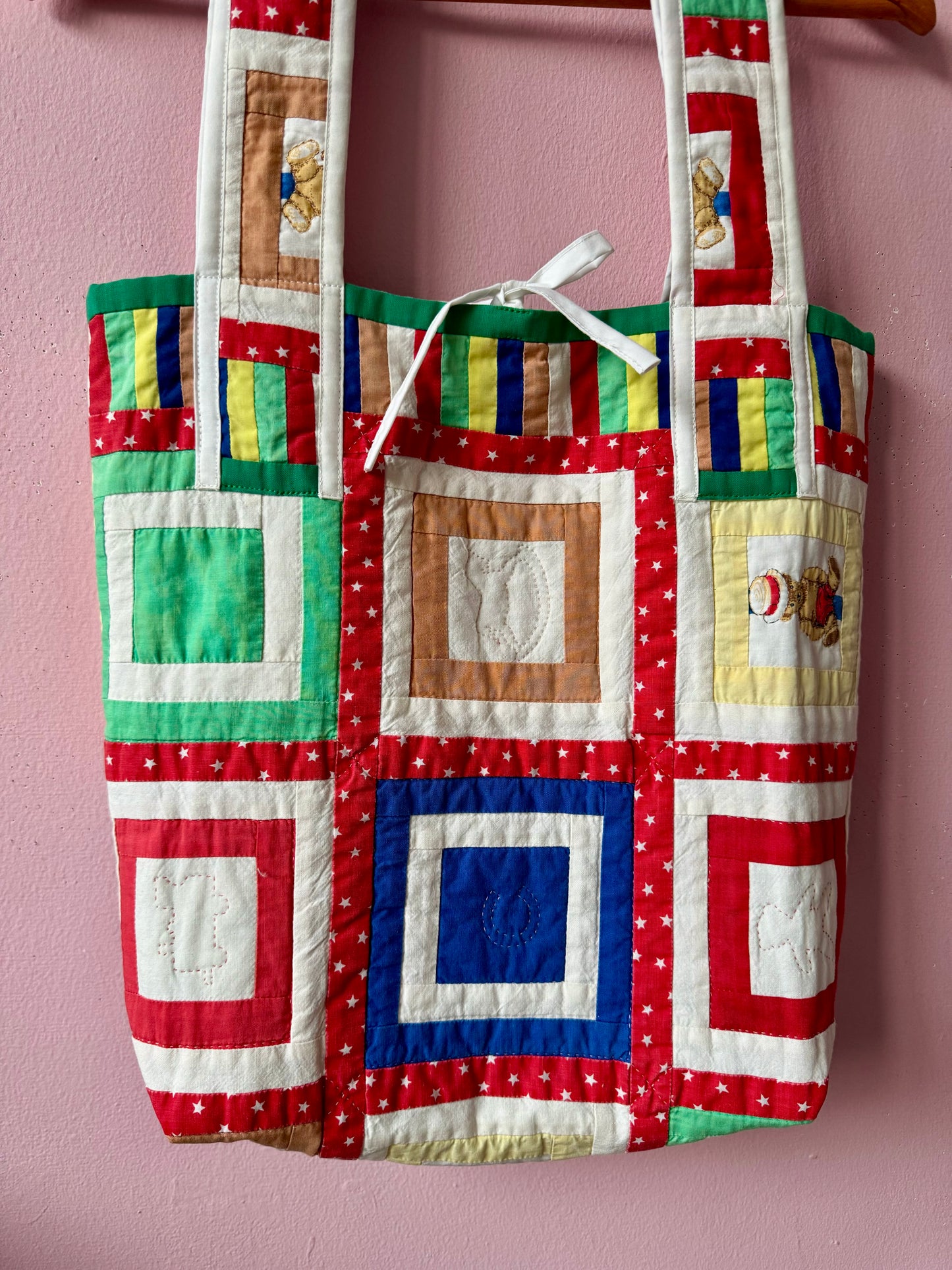 Patchwork with bear ls tote bag