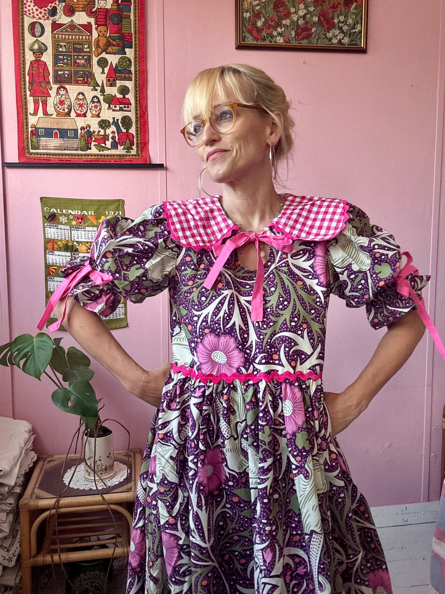 William Morris and cerise gingham dress