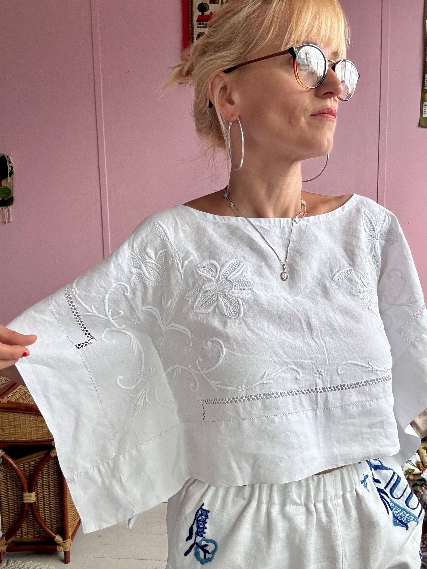 All white basic top with floral hand embroidery