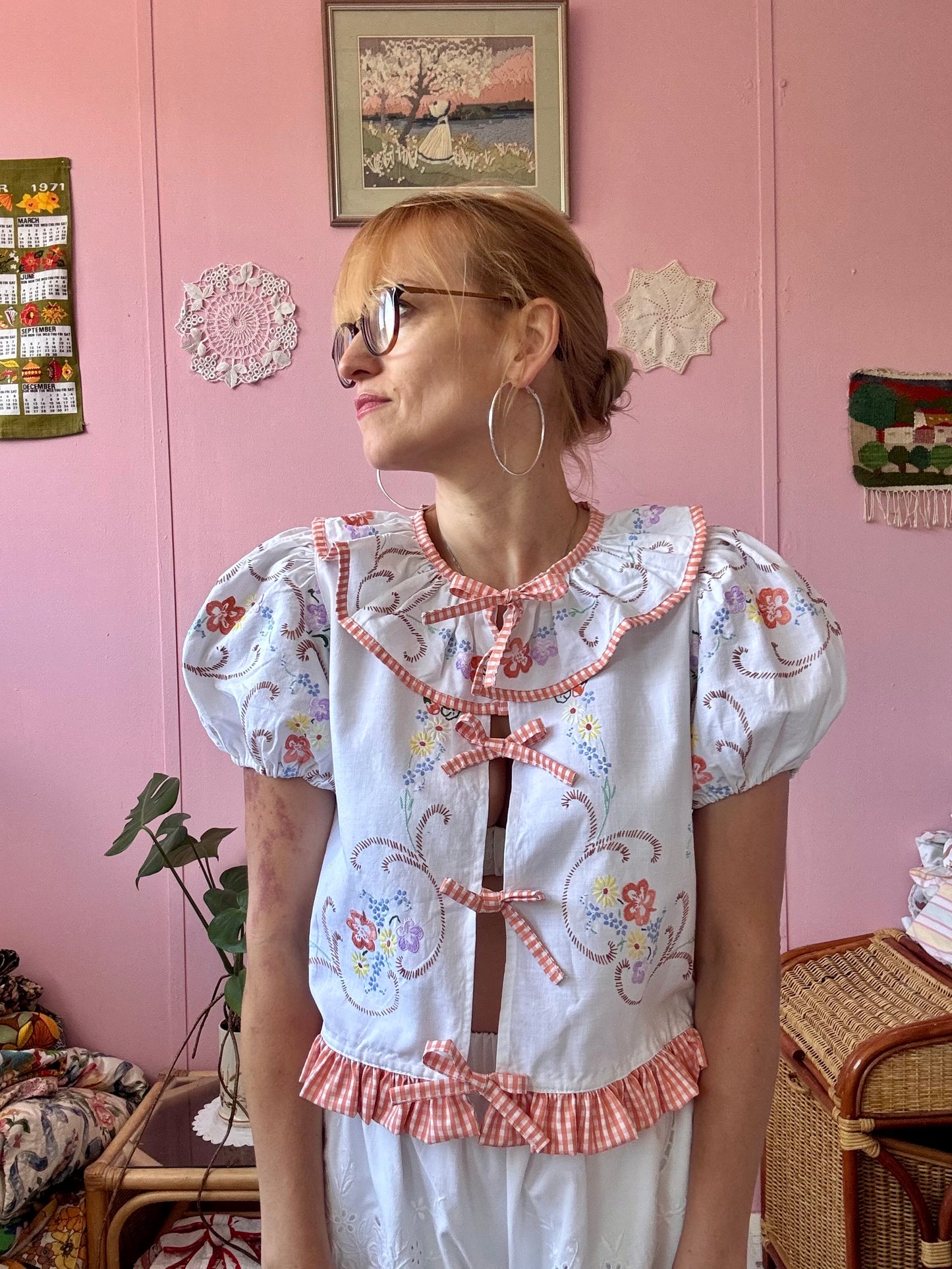 Floral blouse with orange gingham