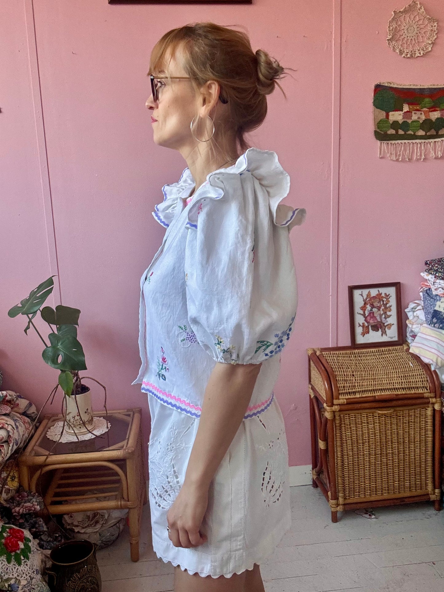 Linen blouse with pink and lilac ric rac