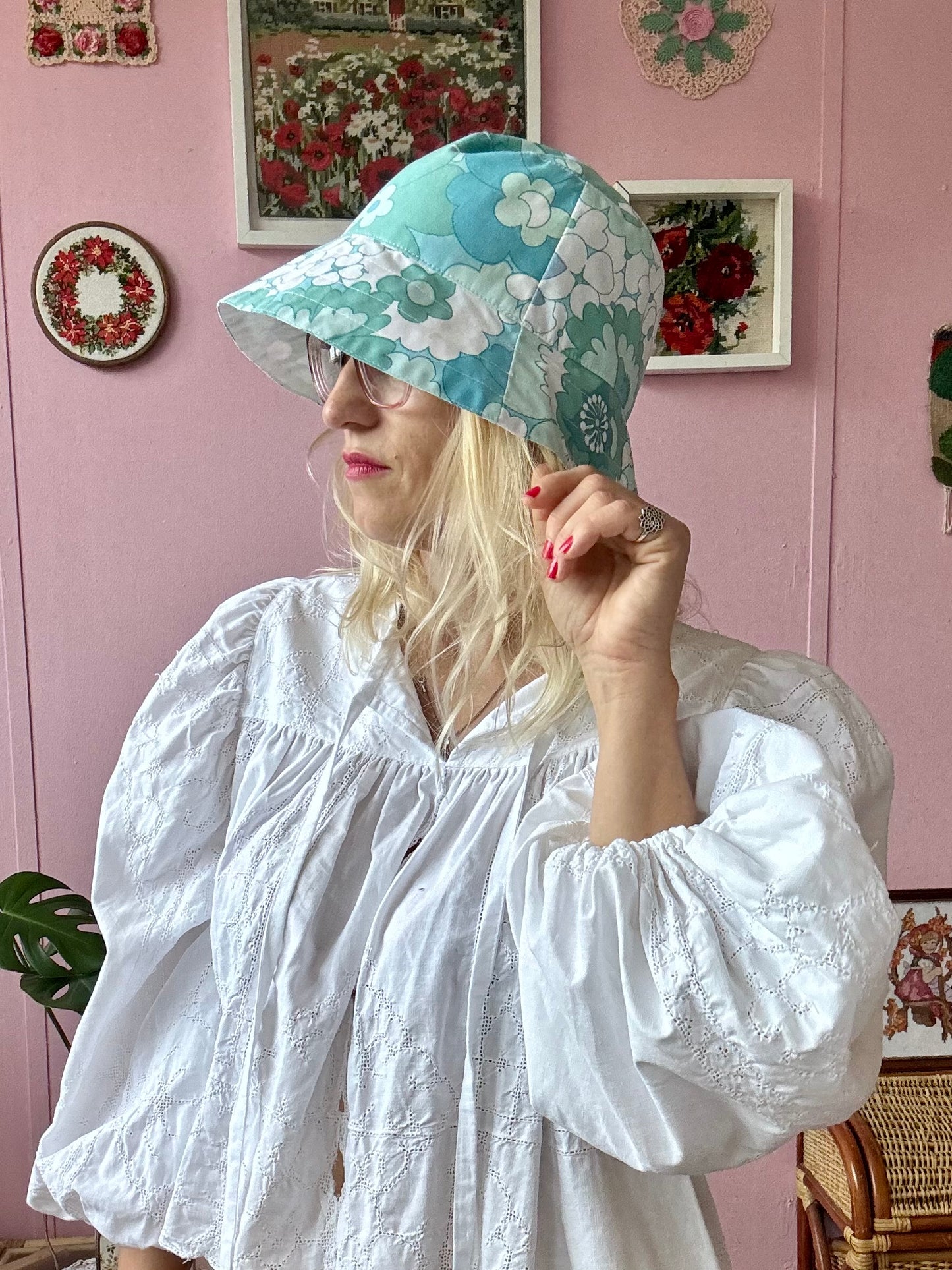 Green and blue floral bucket hat