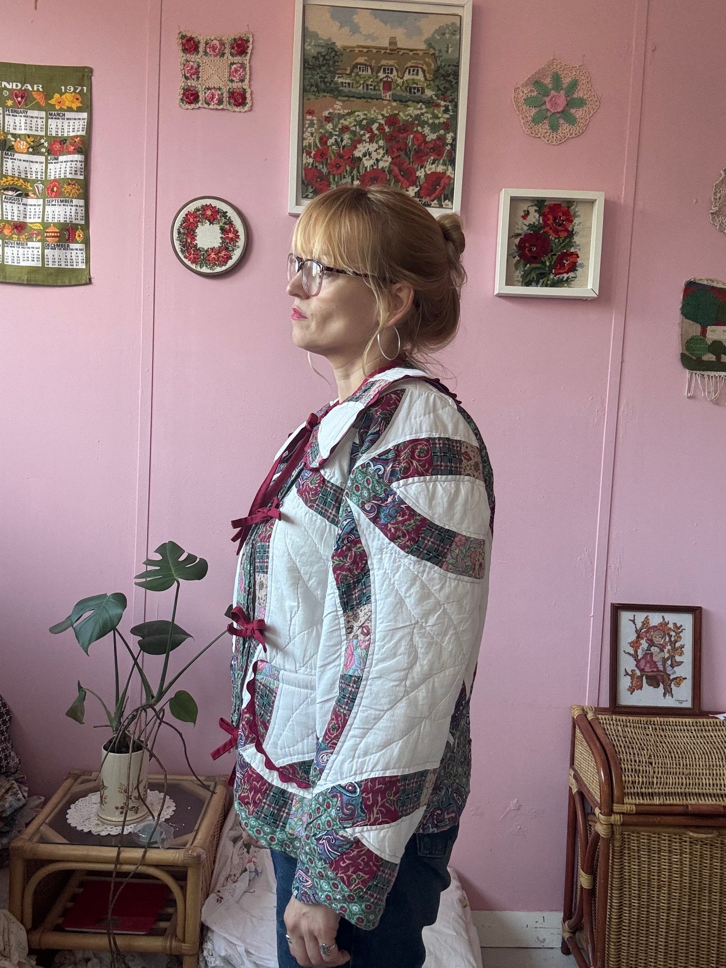 Patchwork jacket with burgundy ric rac and bows
