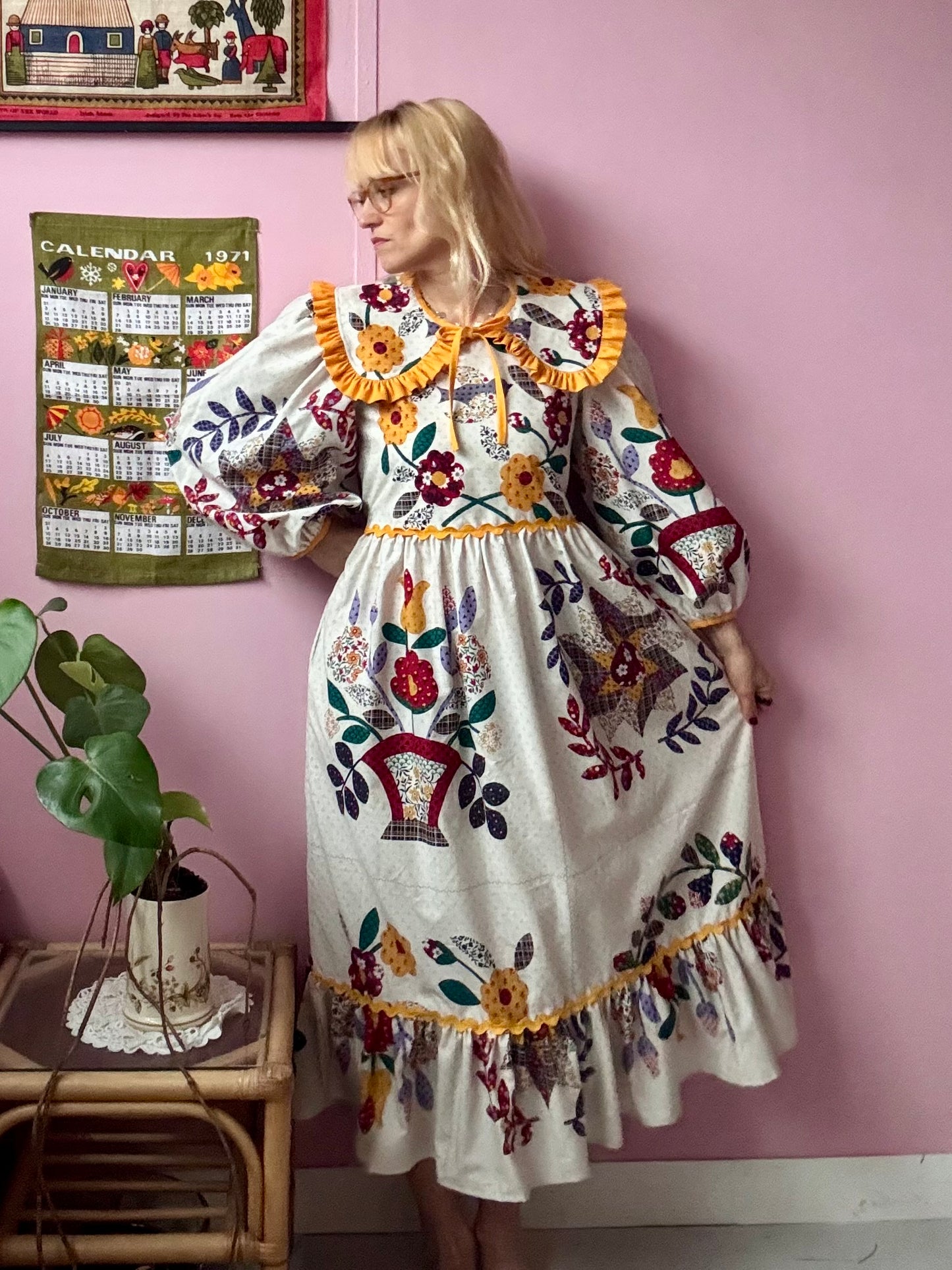 Floral dress with yellow ric rac and detachable collar