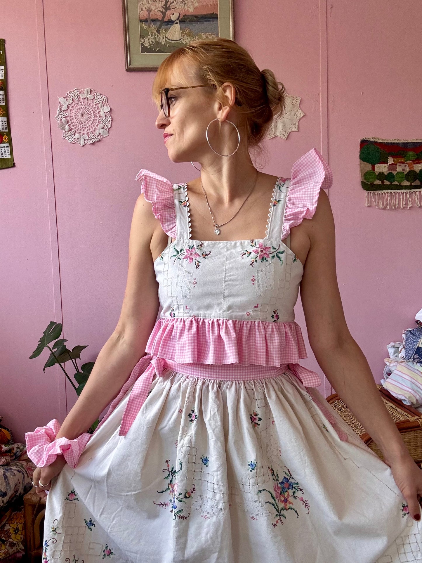 Embroidery and pink gingham set