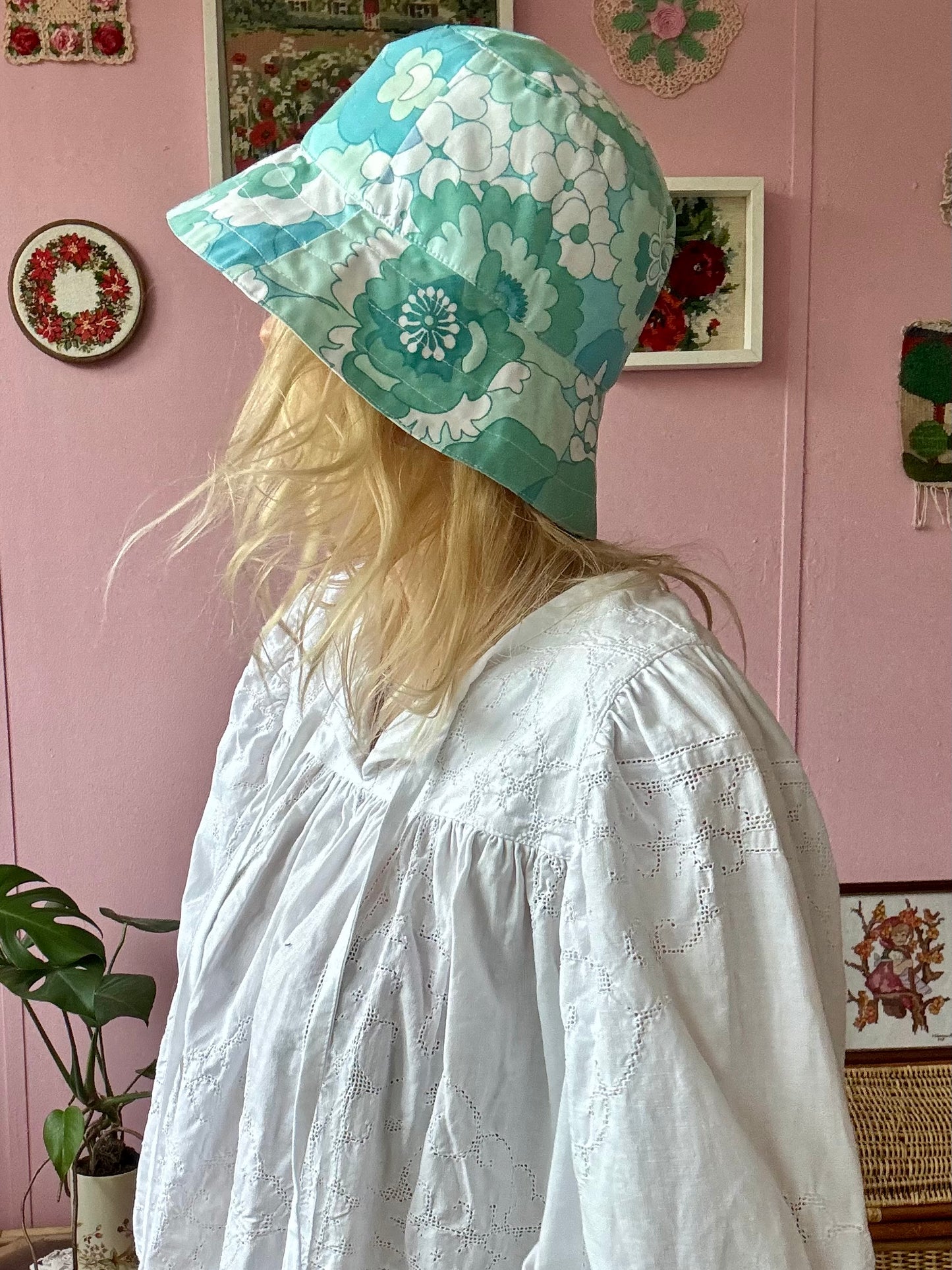 Green and blue floral bucket hat
