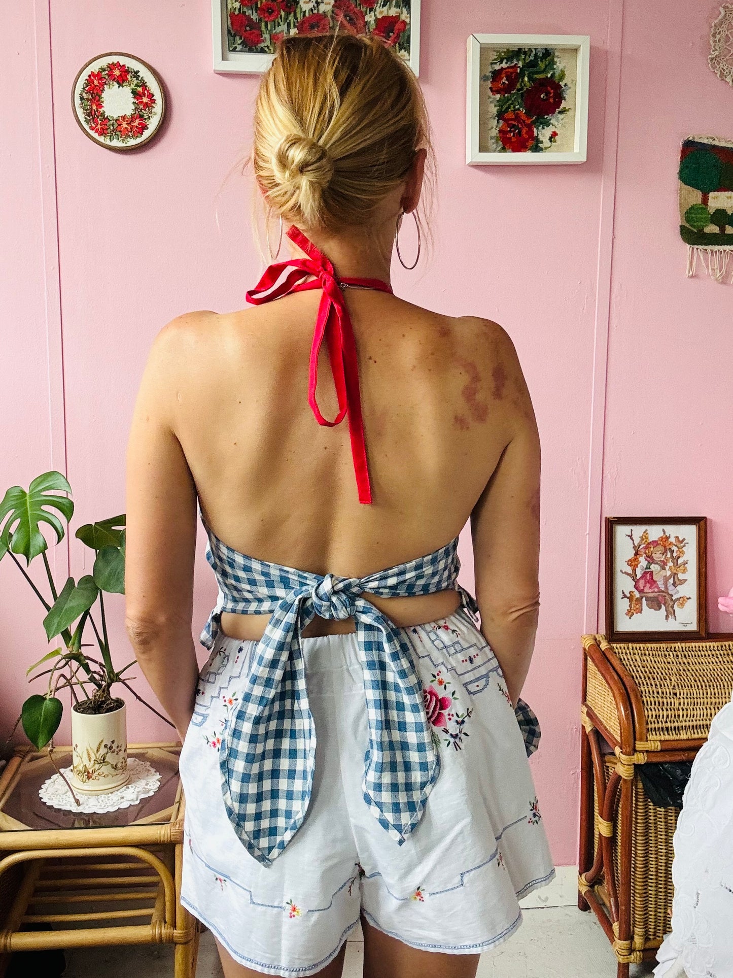 Cross stitch halter neck top with blue gingham back straps and frill