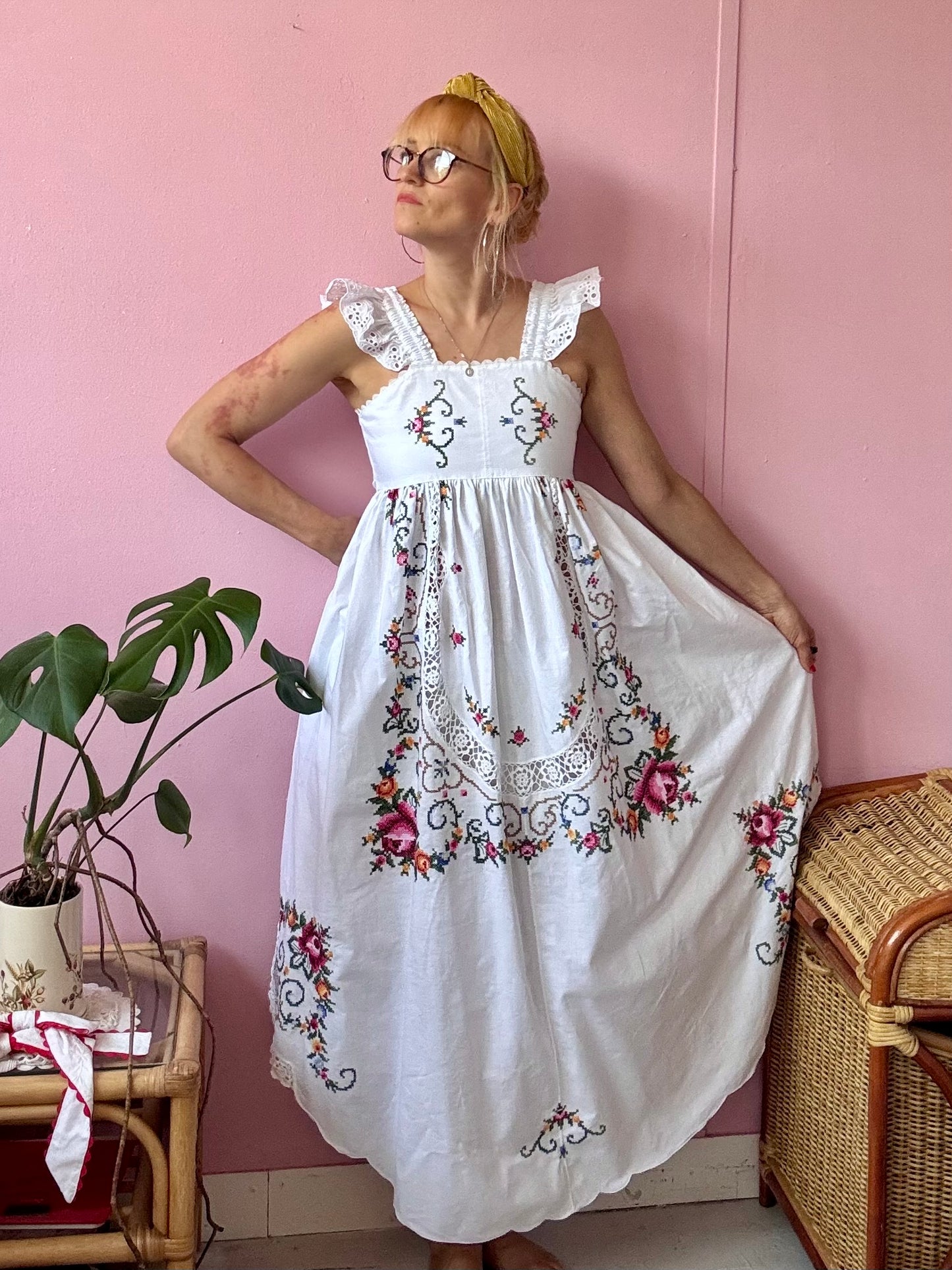 Maxi dress with hand embroidery and elasticated lace straps