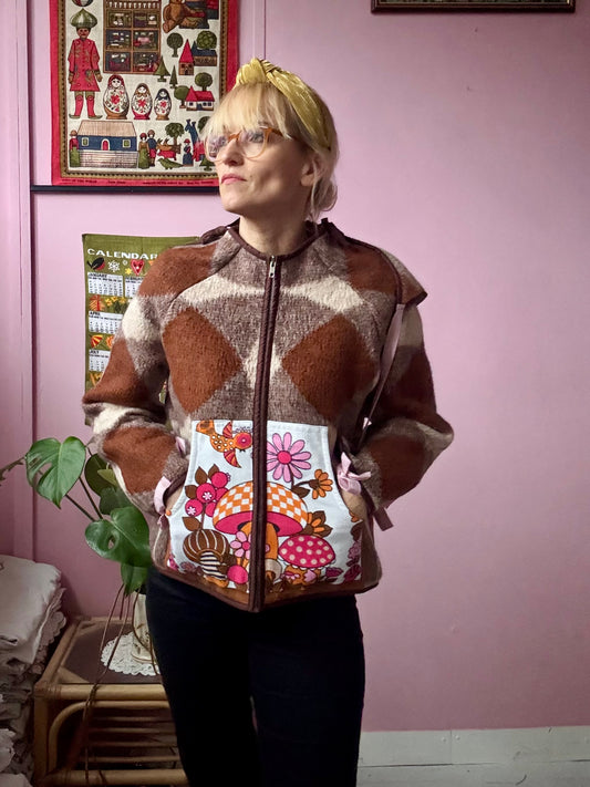 Brown wool blanket jacket with detachable hood