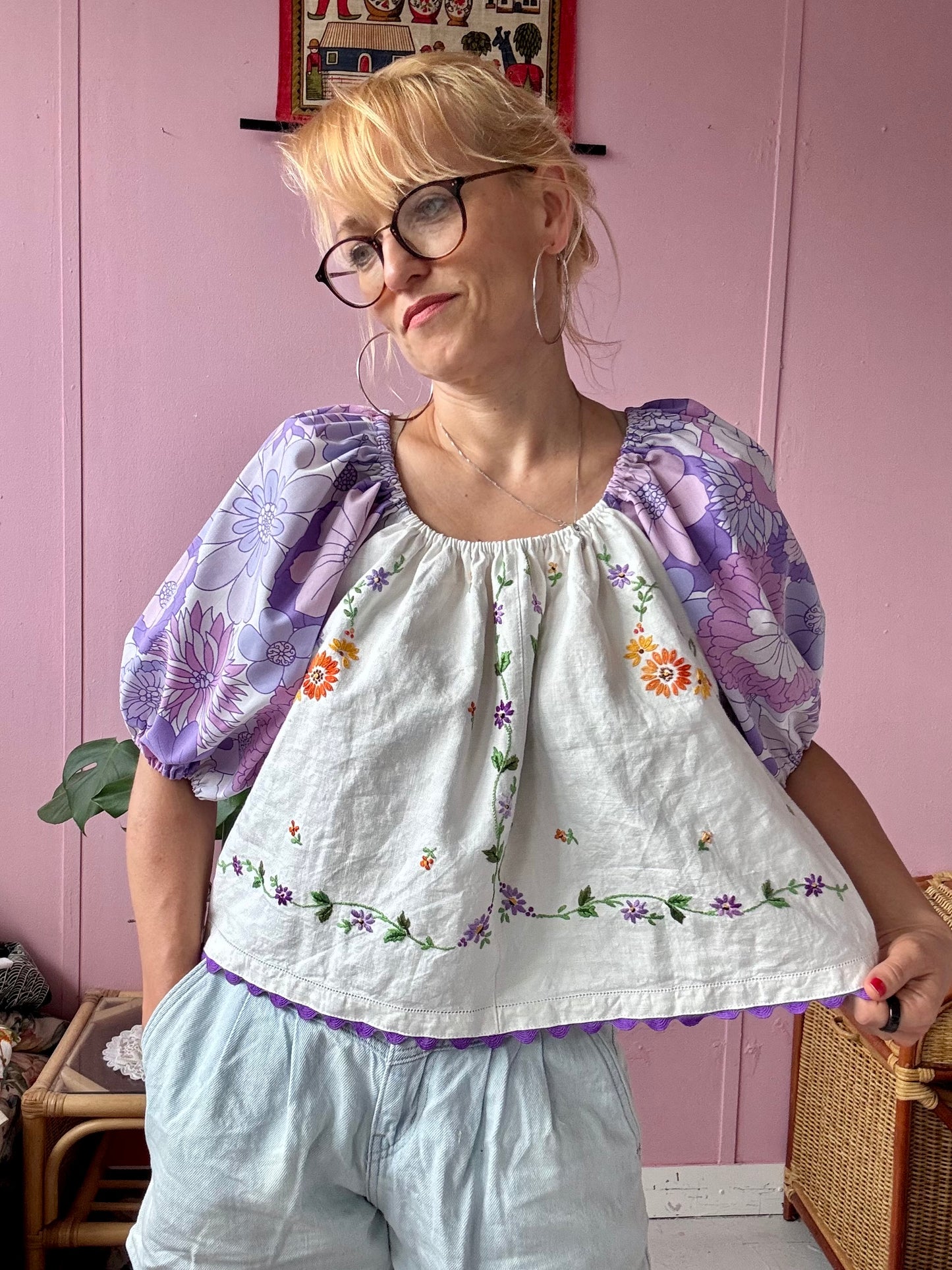 Floral blouse with purple floral sleeves