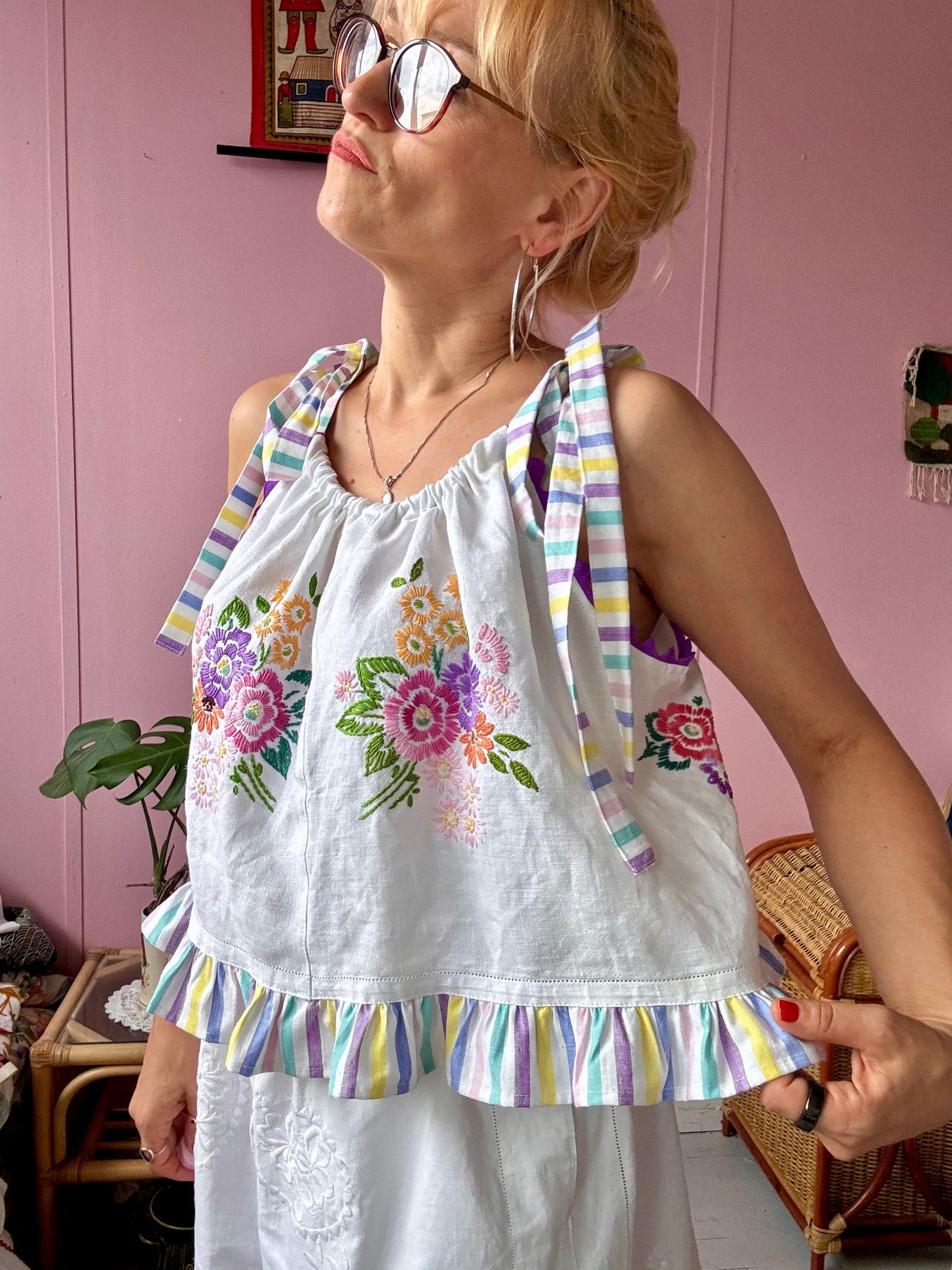 Floral top with stripes straps
