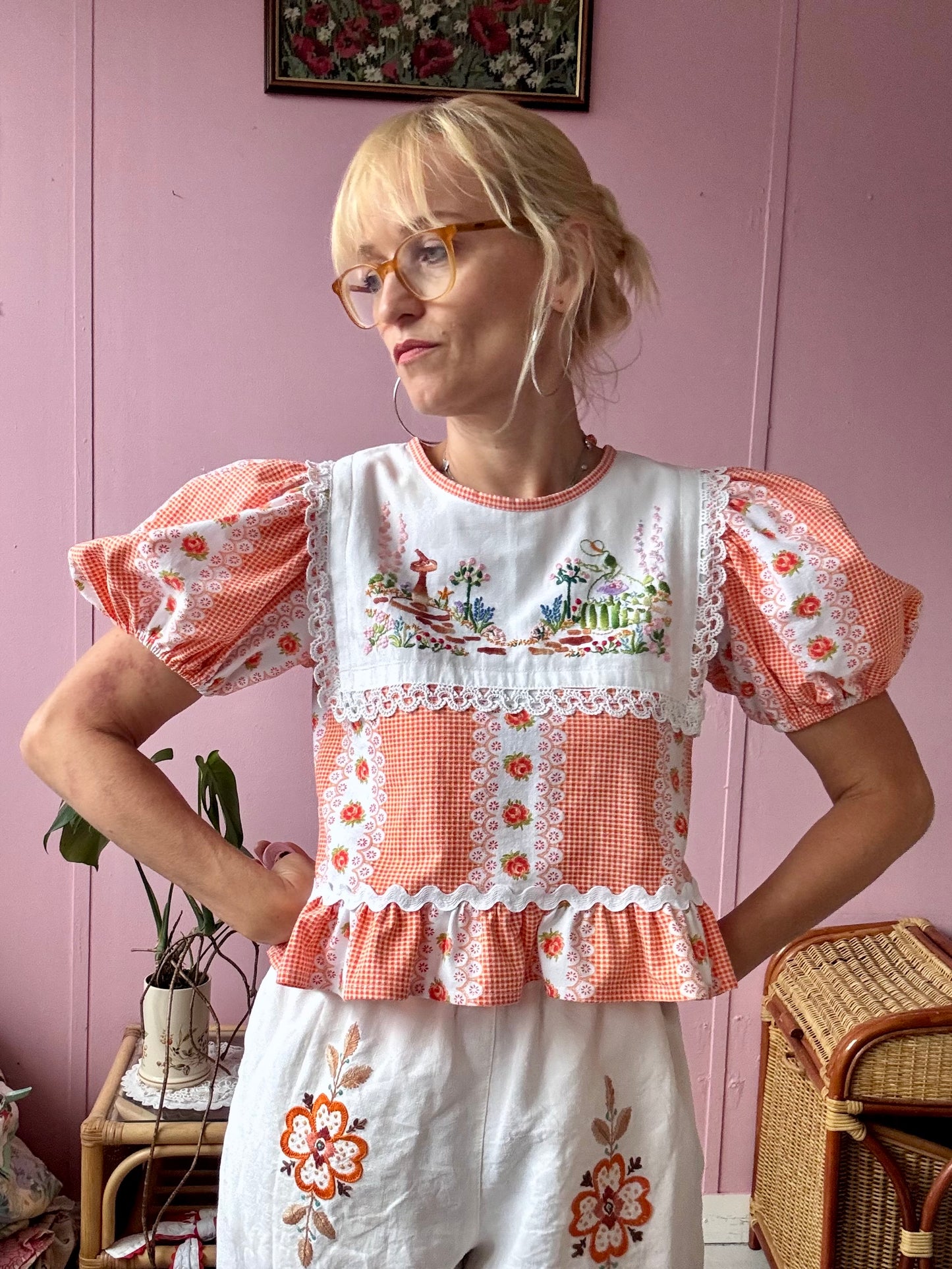 Orange gingham/floral blouse