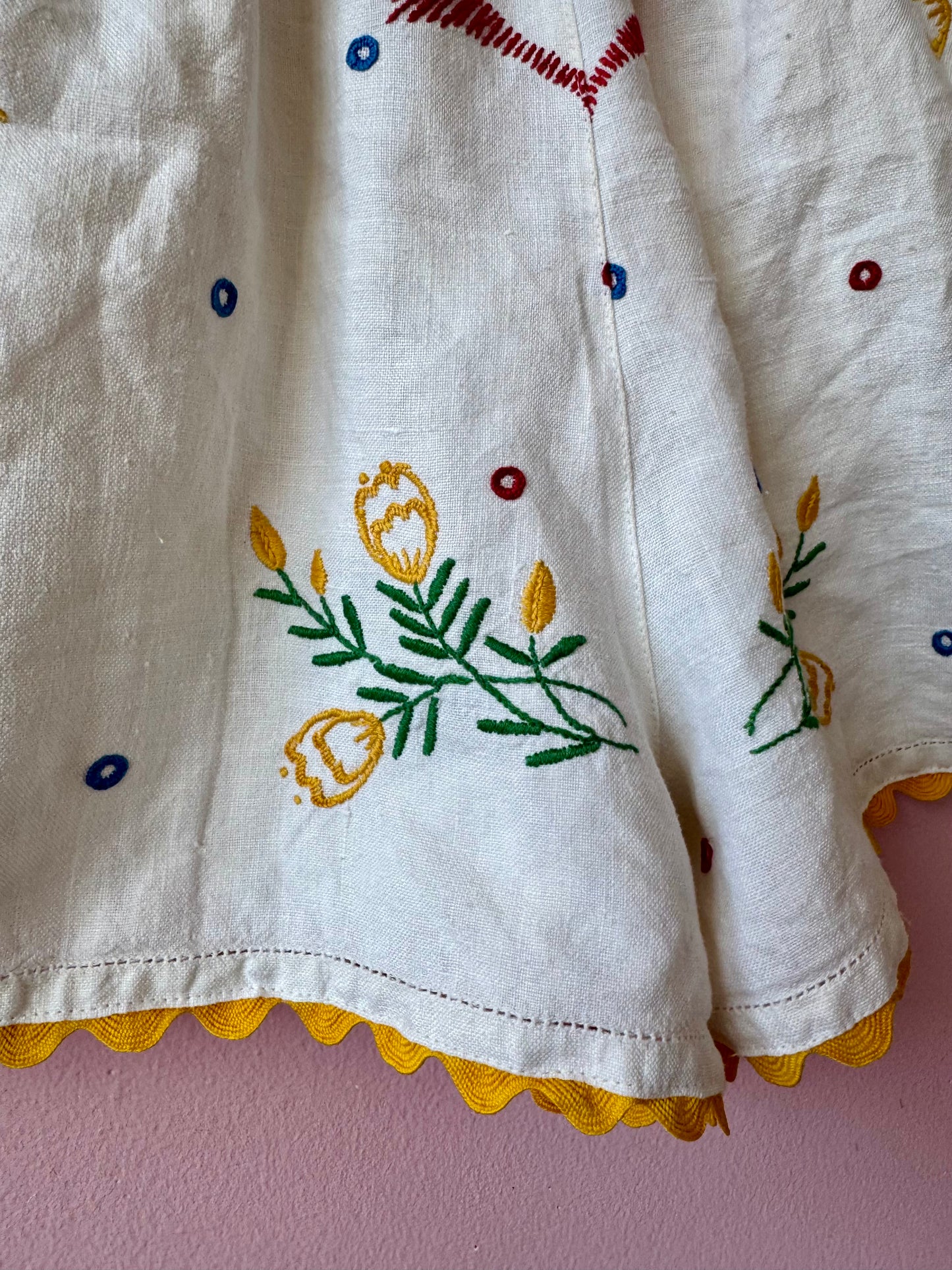 Linen floral shorts with yellow ric rac