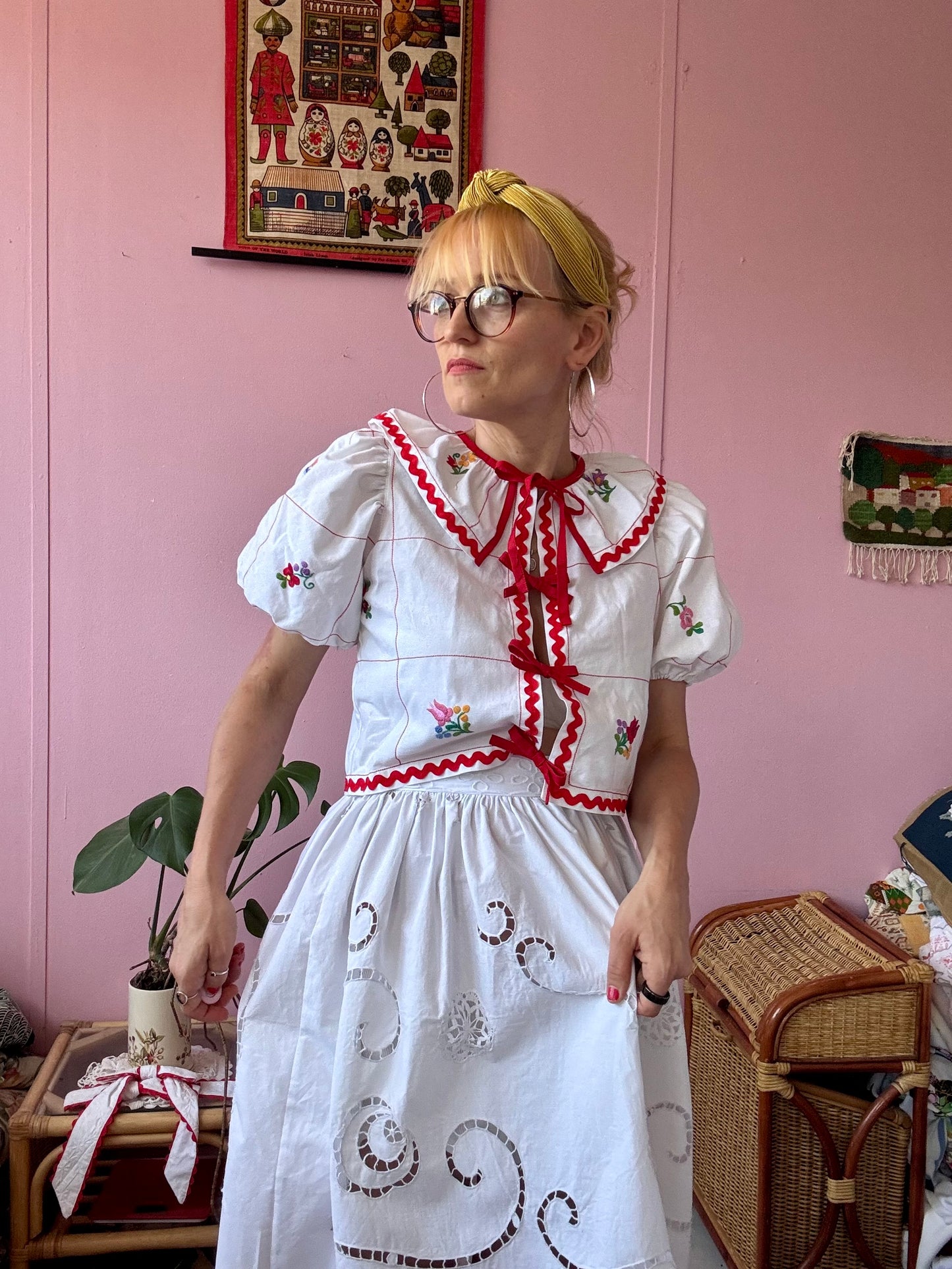 White skirt with cut out hand embroidery