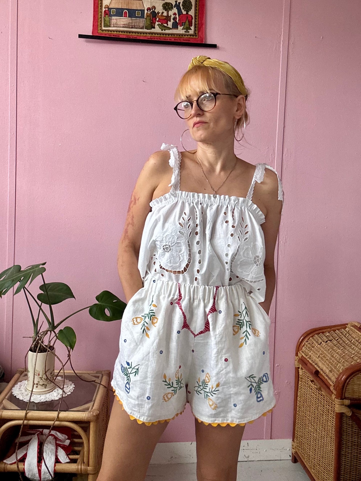 Linen floral shorts with yellow ric rac