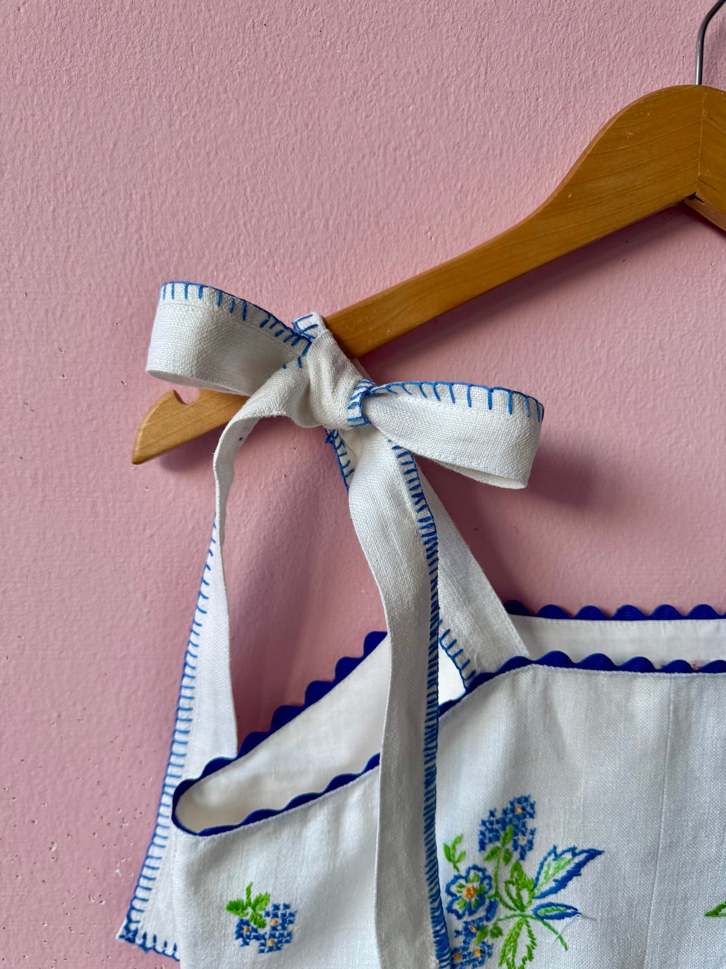 Linen  mini dress with blue floral embroidery