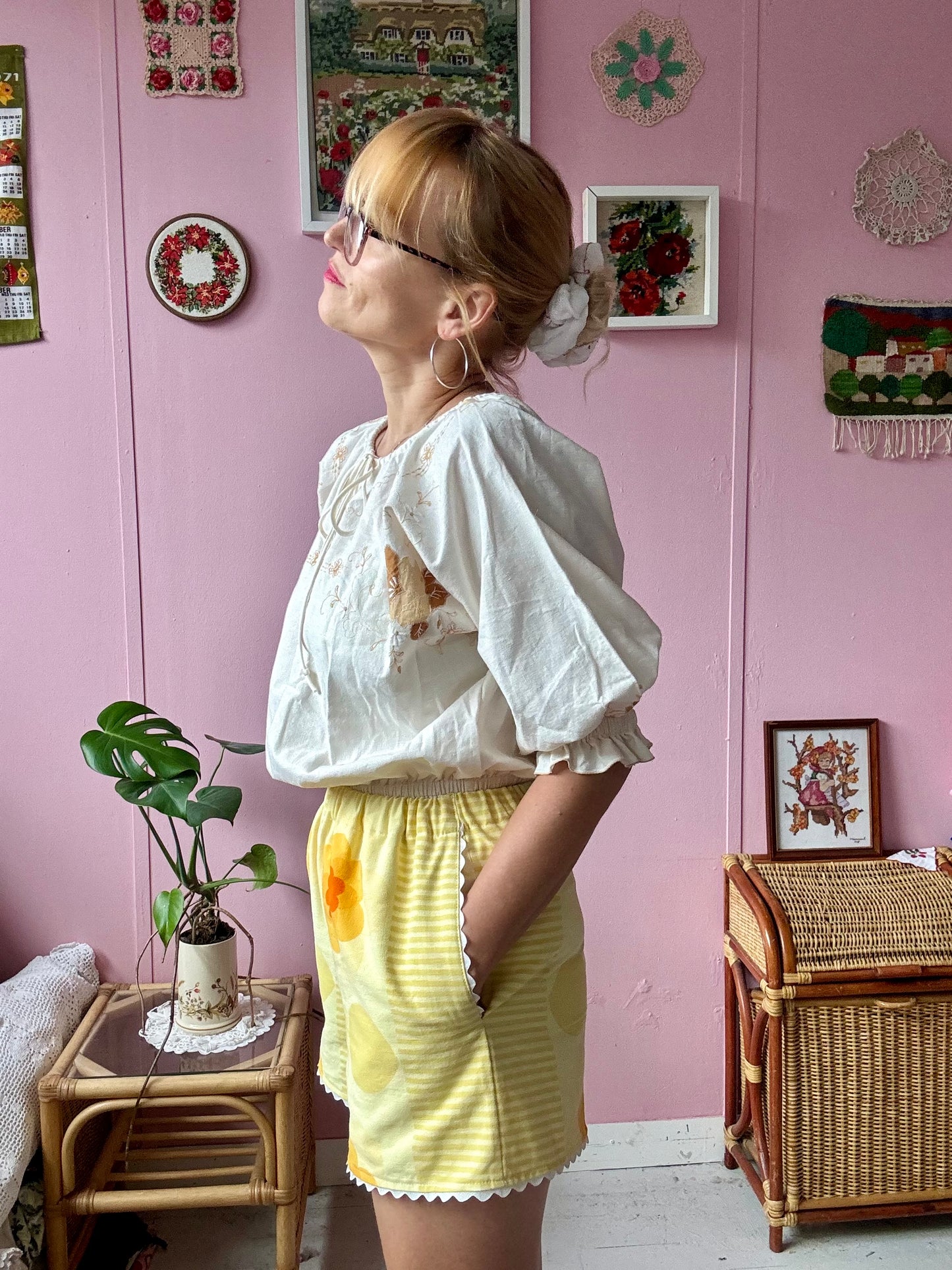 Yellow floral shorts with ric rac
