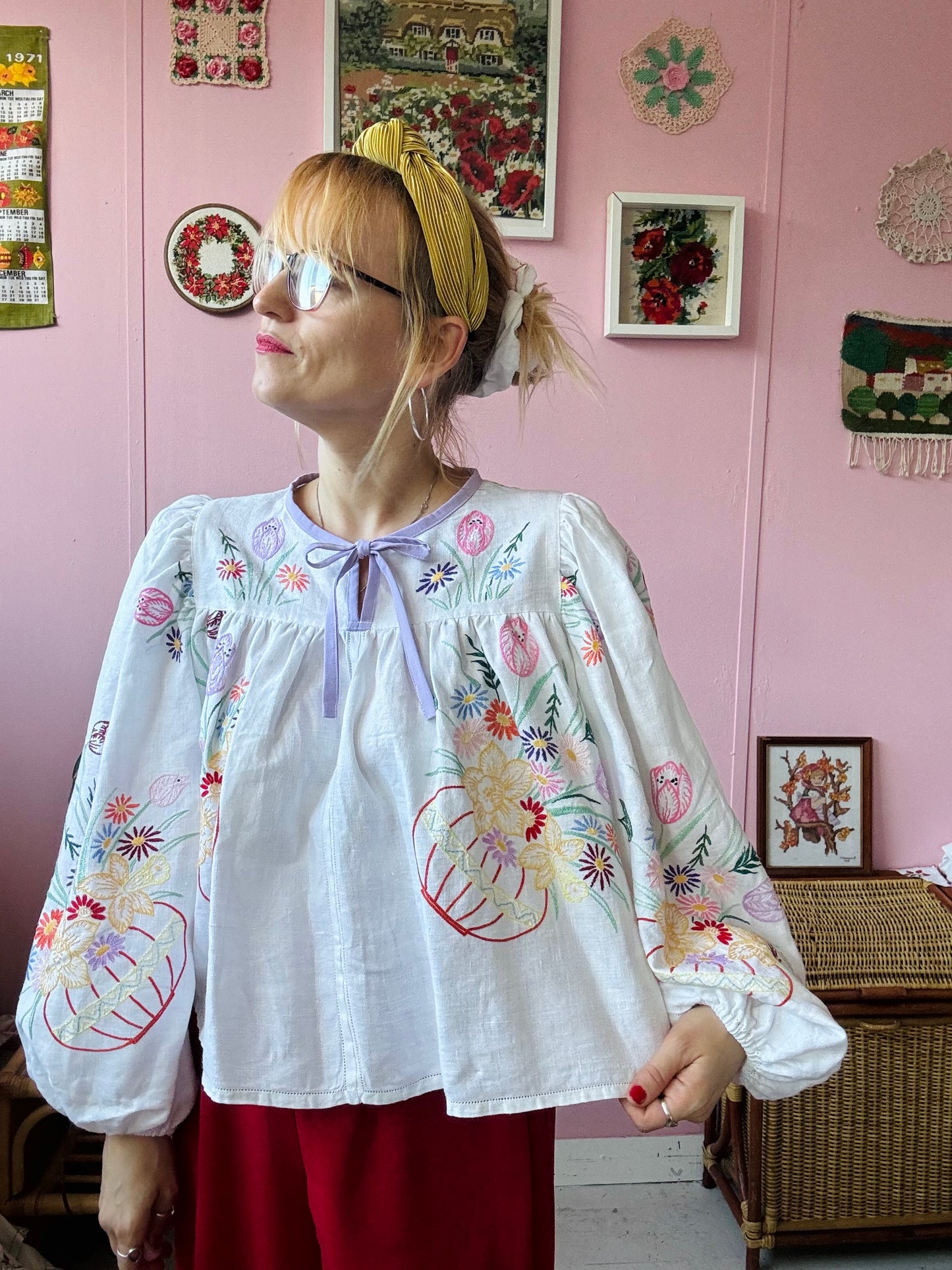White linen blouse with baskets embroidery and lilac binding