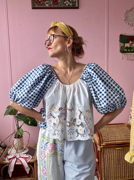 Blue gingham and birds/flowers top