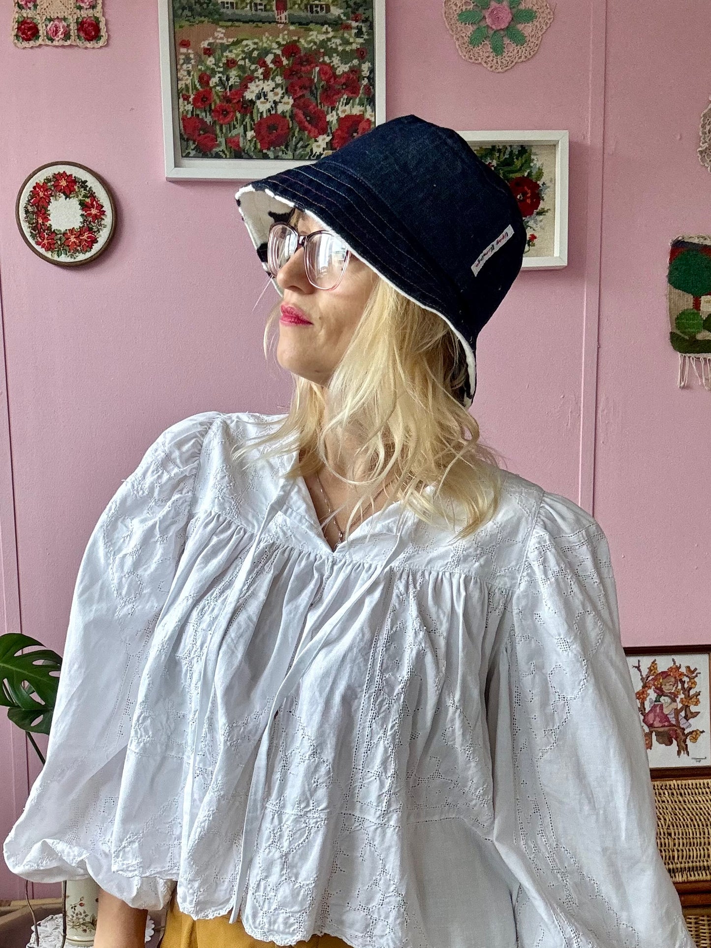 Reversible faux cow fur and denim with rainbow stitching bucket hat