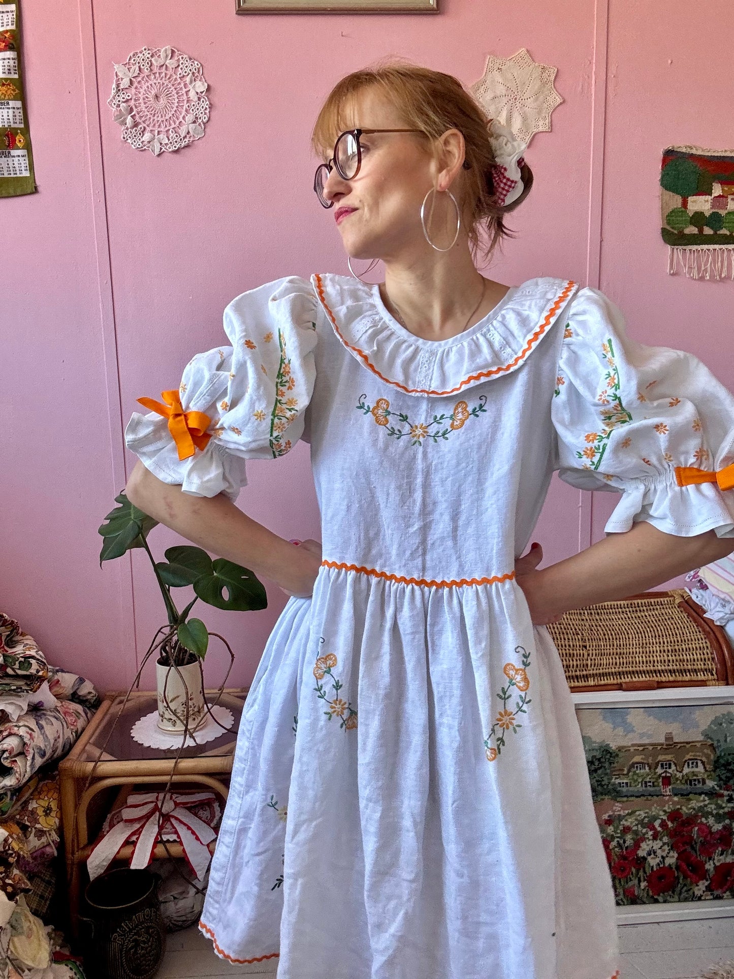 Linen dress with floral hand embroidery and ric rac