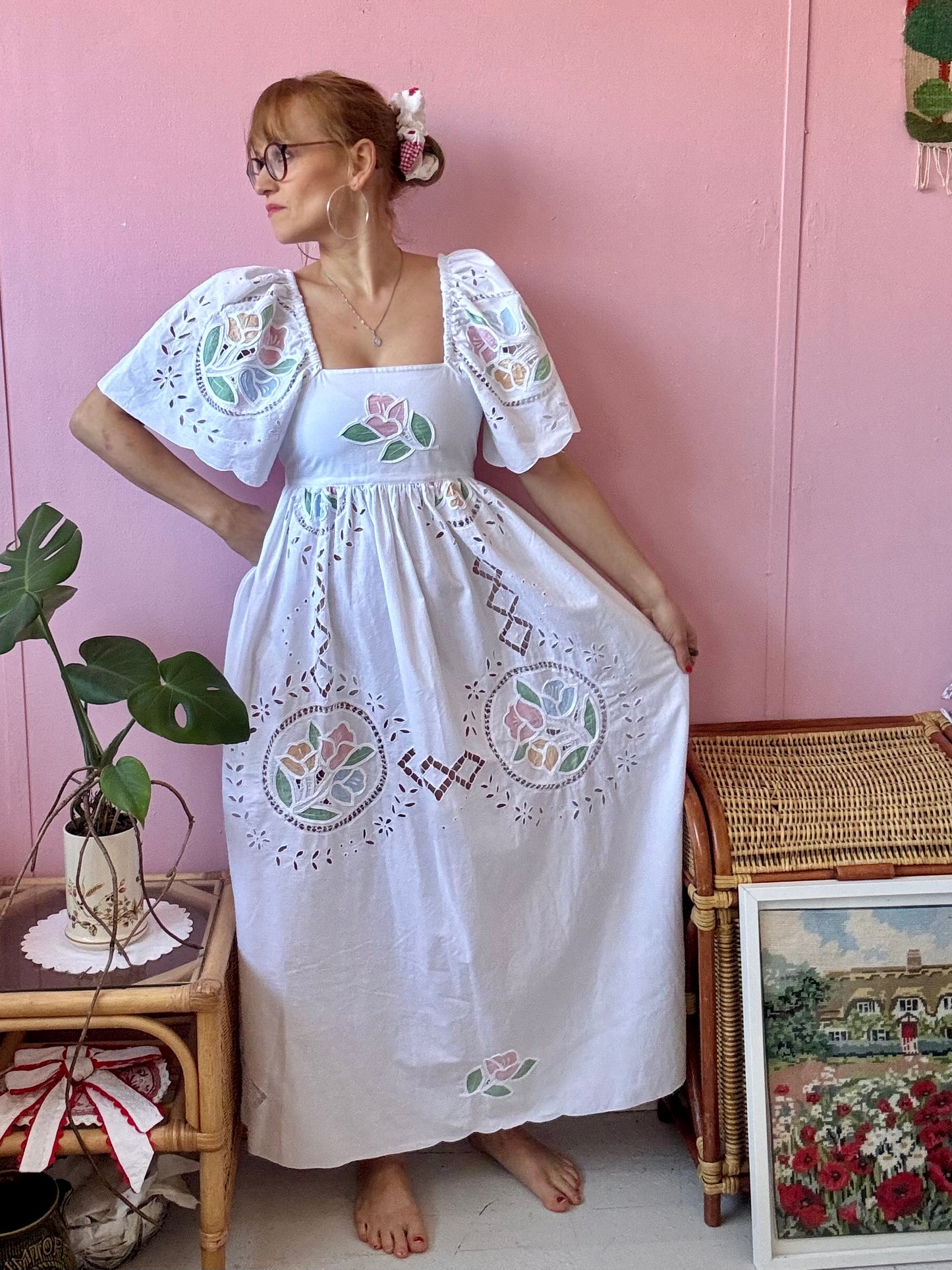 White maxi with pastel embroidery and cut out embroidery