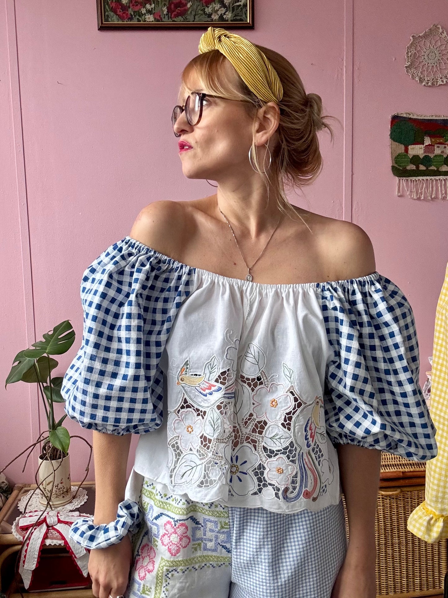 Blue gingham and birds/flowers top