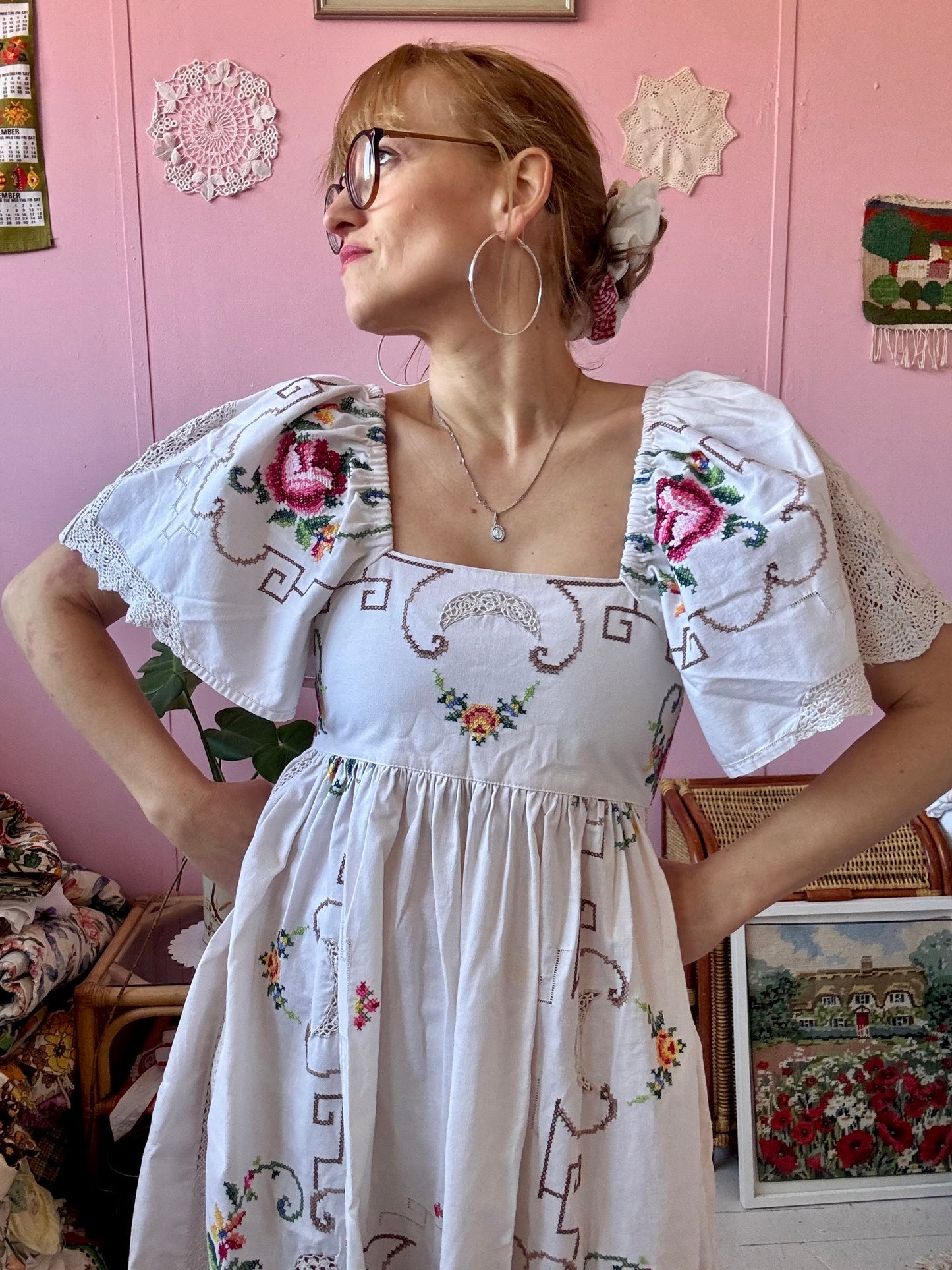 Cream maxi dress with roses and lace