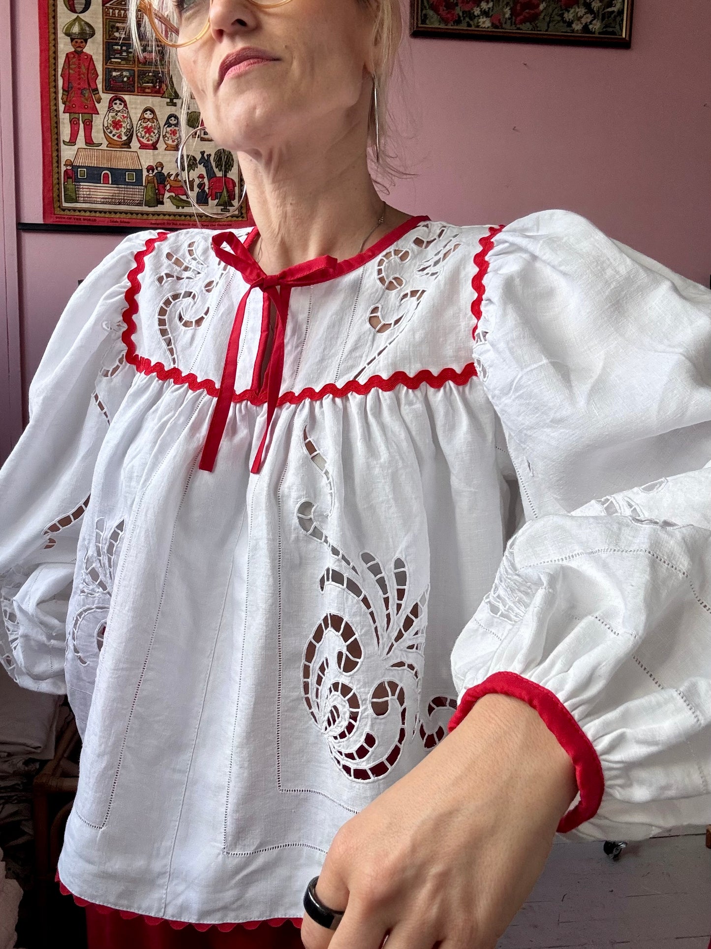 White embroidery blouse with red ric rac