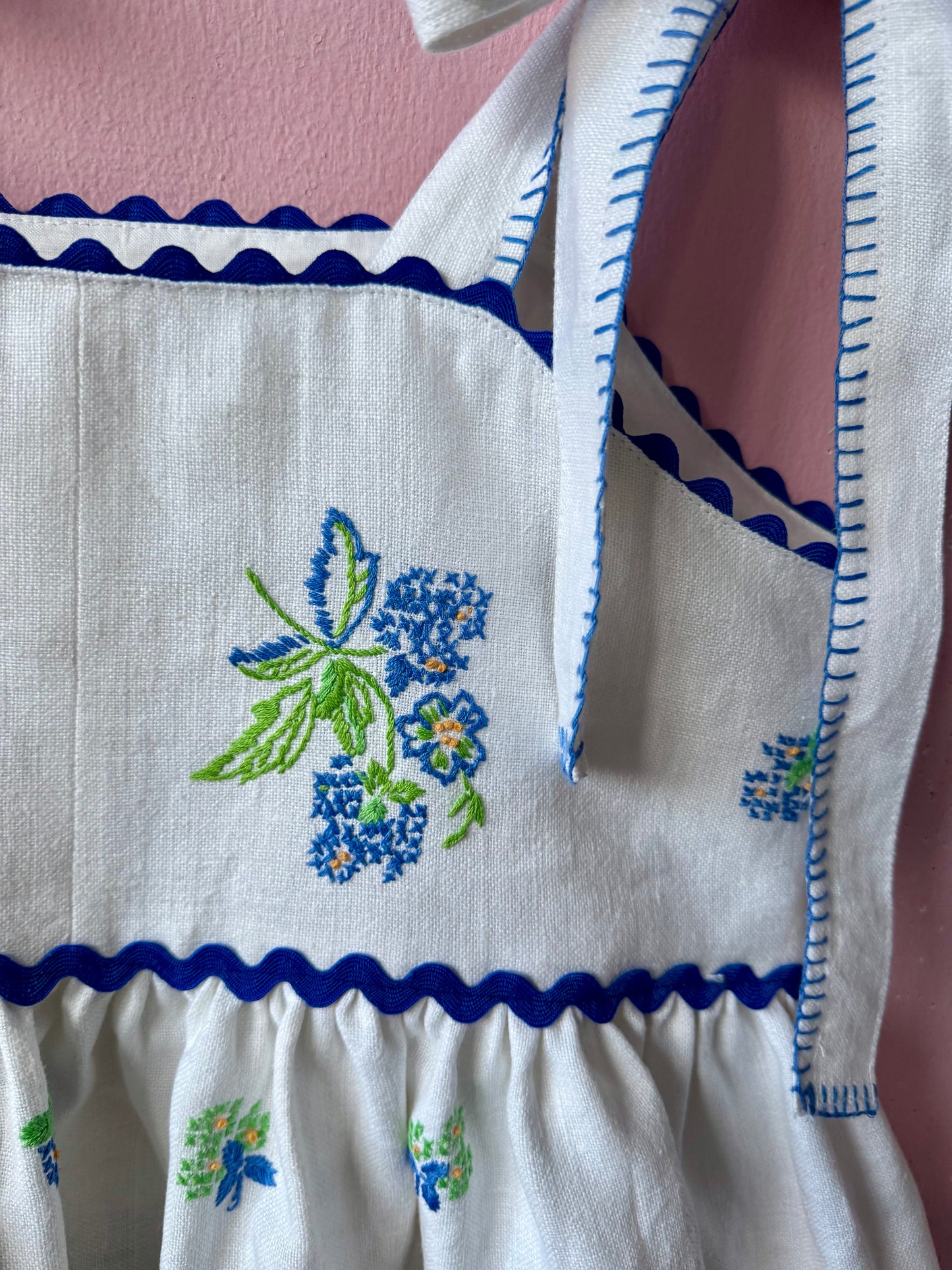 Linen  mini dress with blue floral embroidery