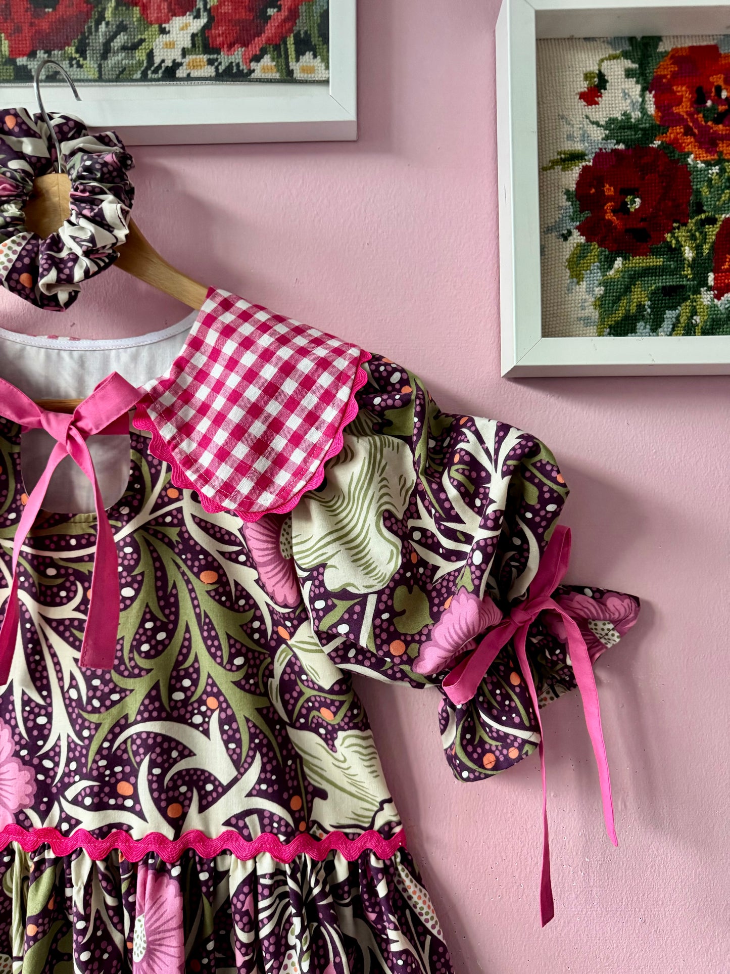 William Morris and cerise gingham dress