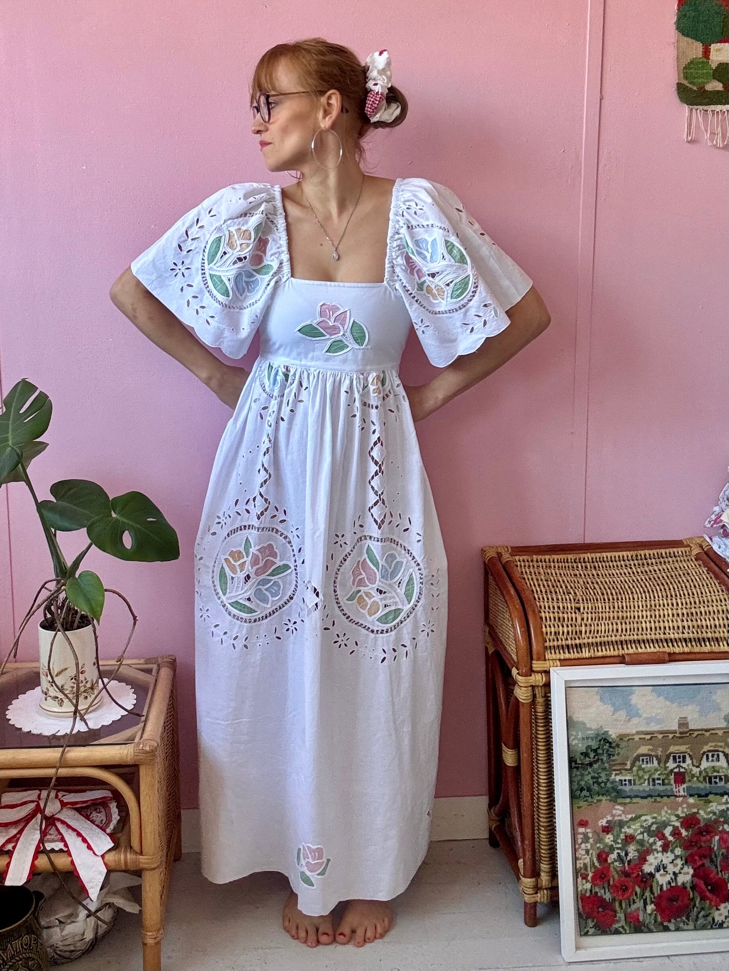 White maxi with pastel embroidery and cut out embroidery